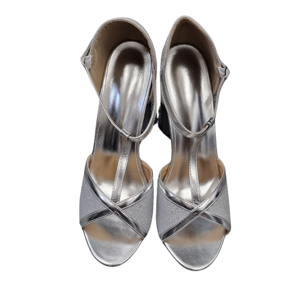 Silver sparkle t-bar peep toe evening shoes (brand new)