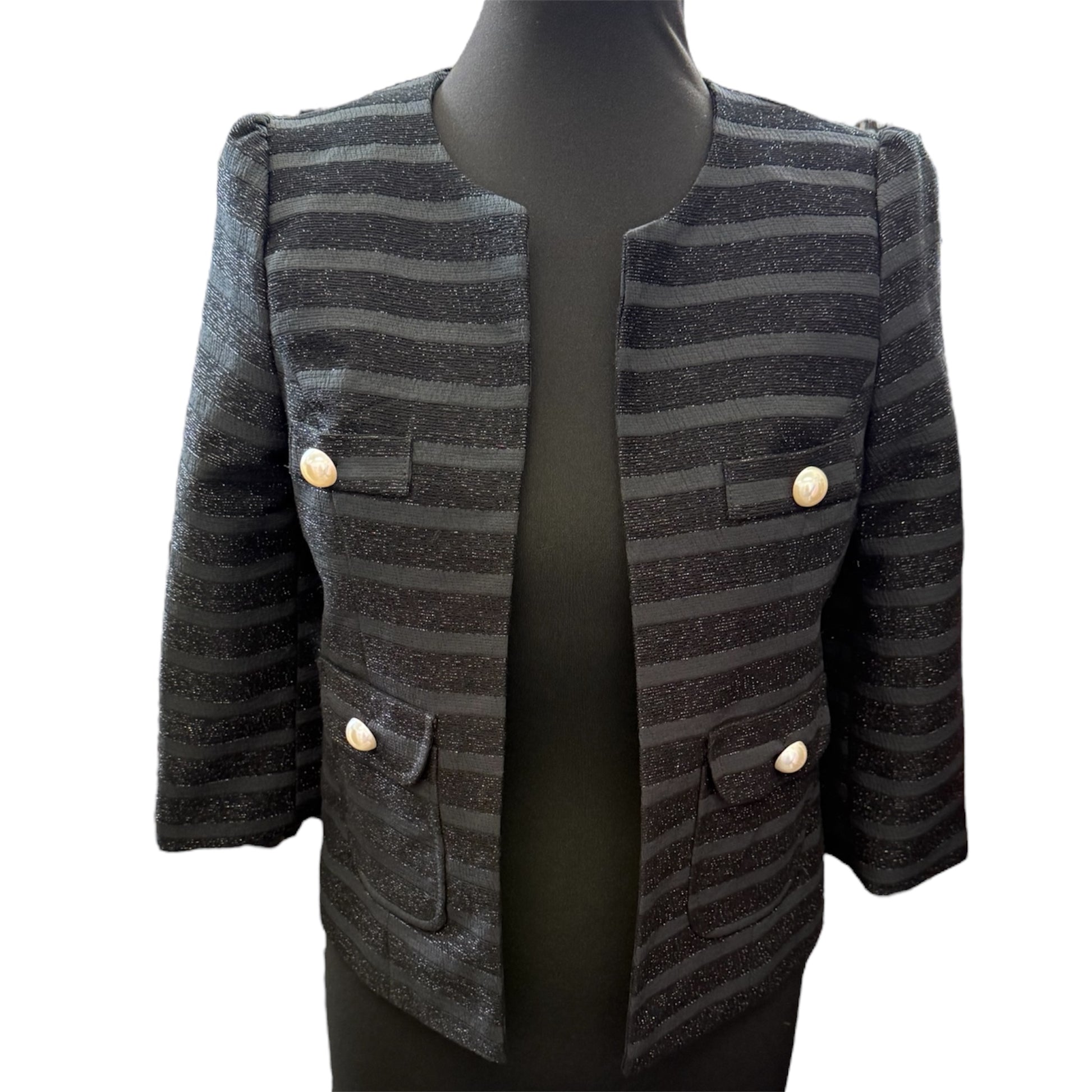 Very black glitter collarless button 3/4 sleeve jacket