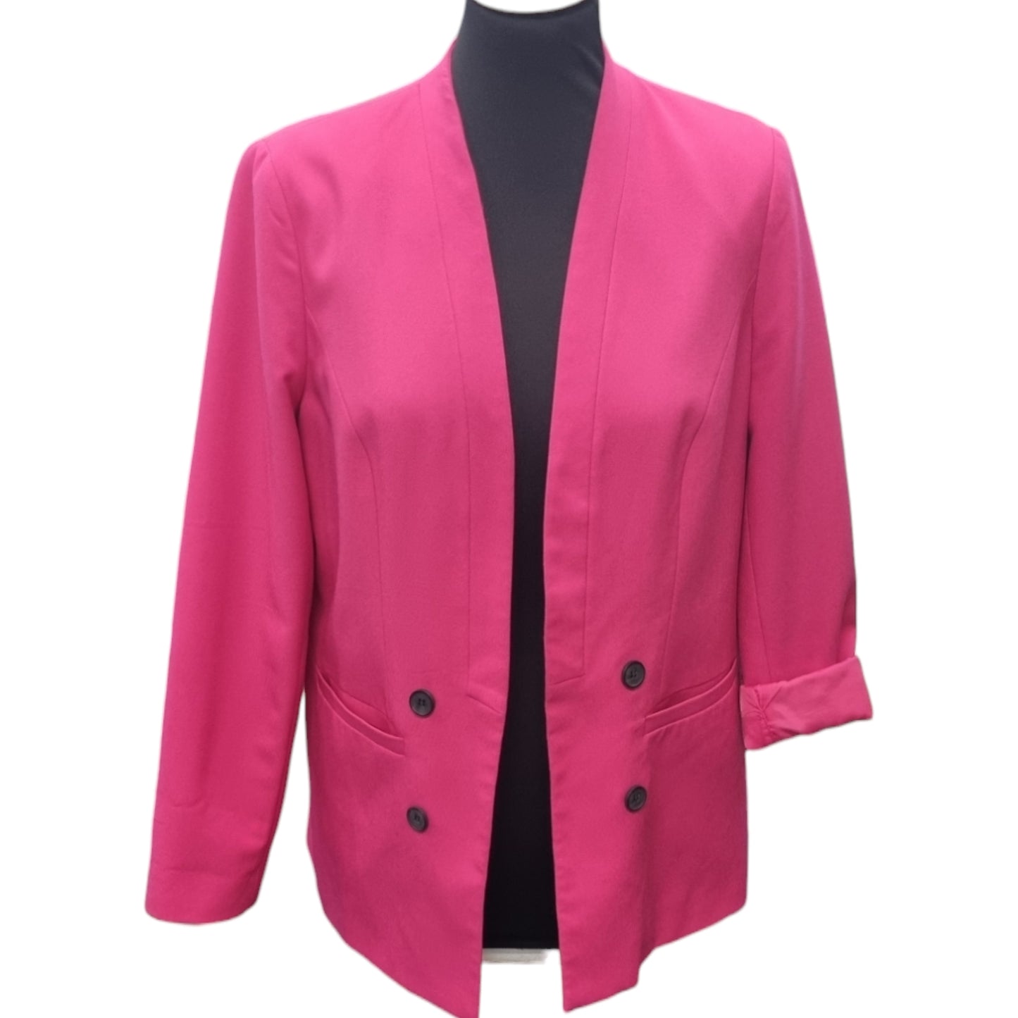 Tailored fuschia pink collarless blazer