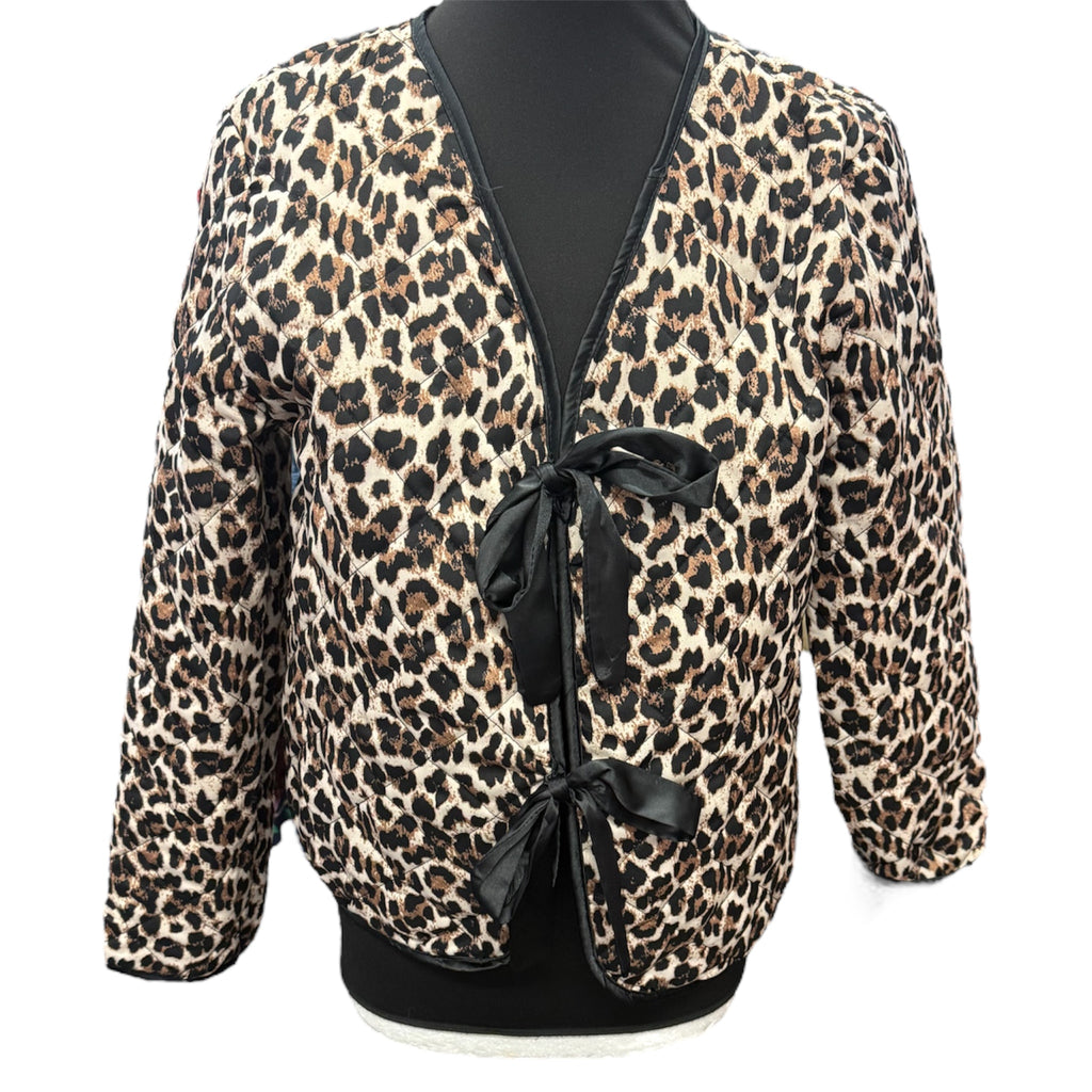 Leopard print front tie collarless jacket