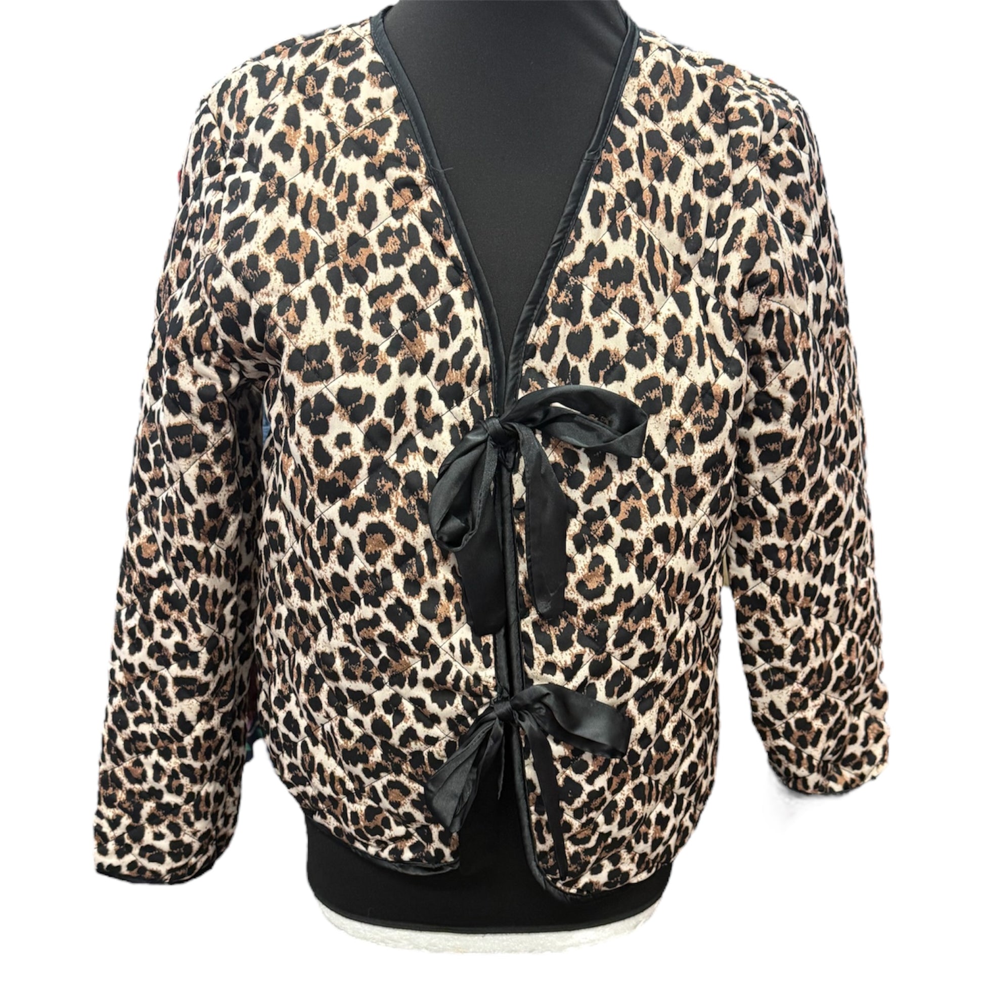 Leopard print front tie collarless jacket