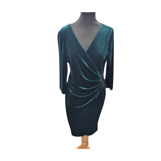 M&Co emerald green velour rusche gem detail dress