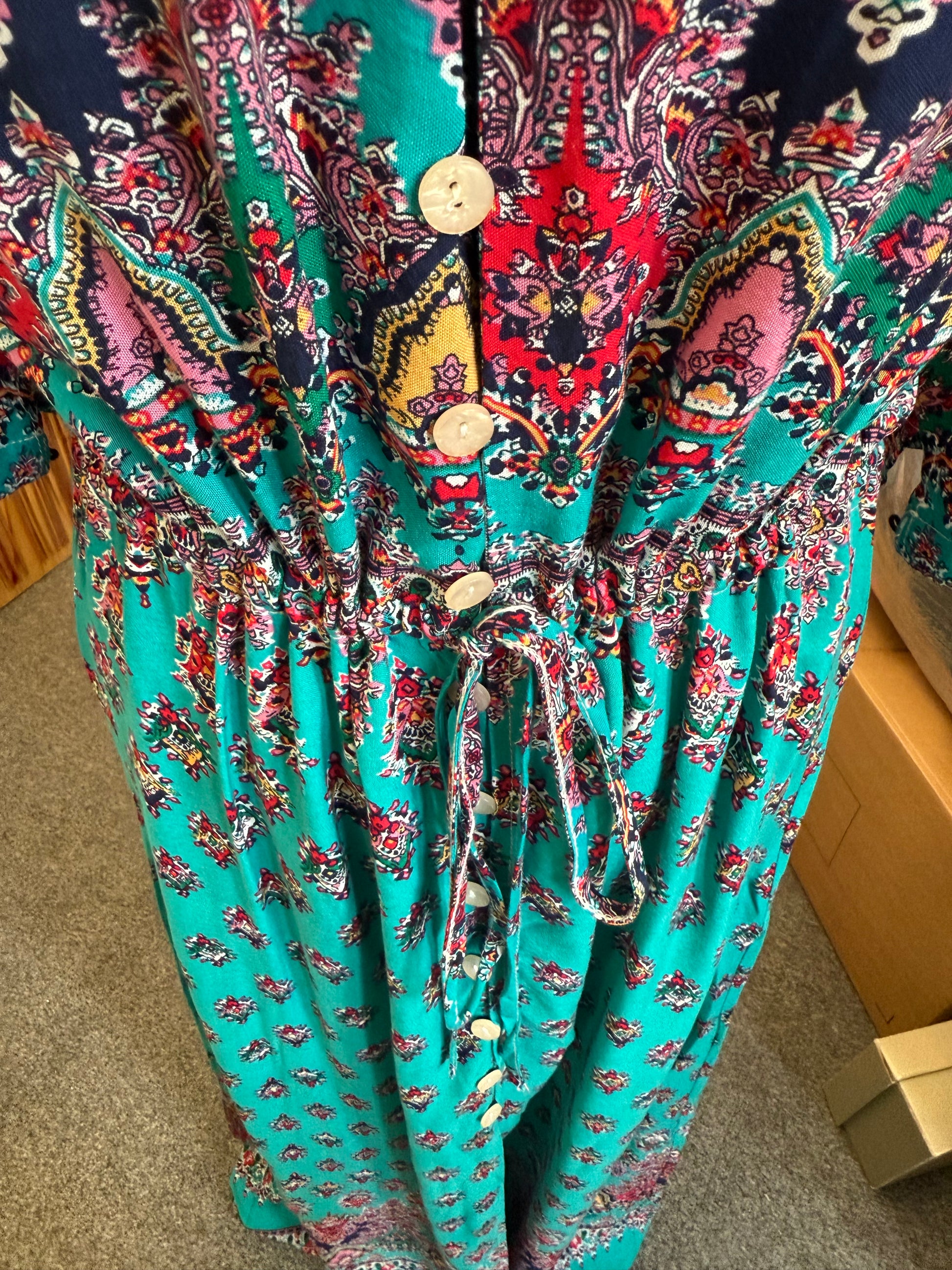 Teal paisley print button maxi dress