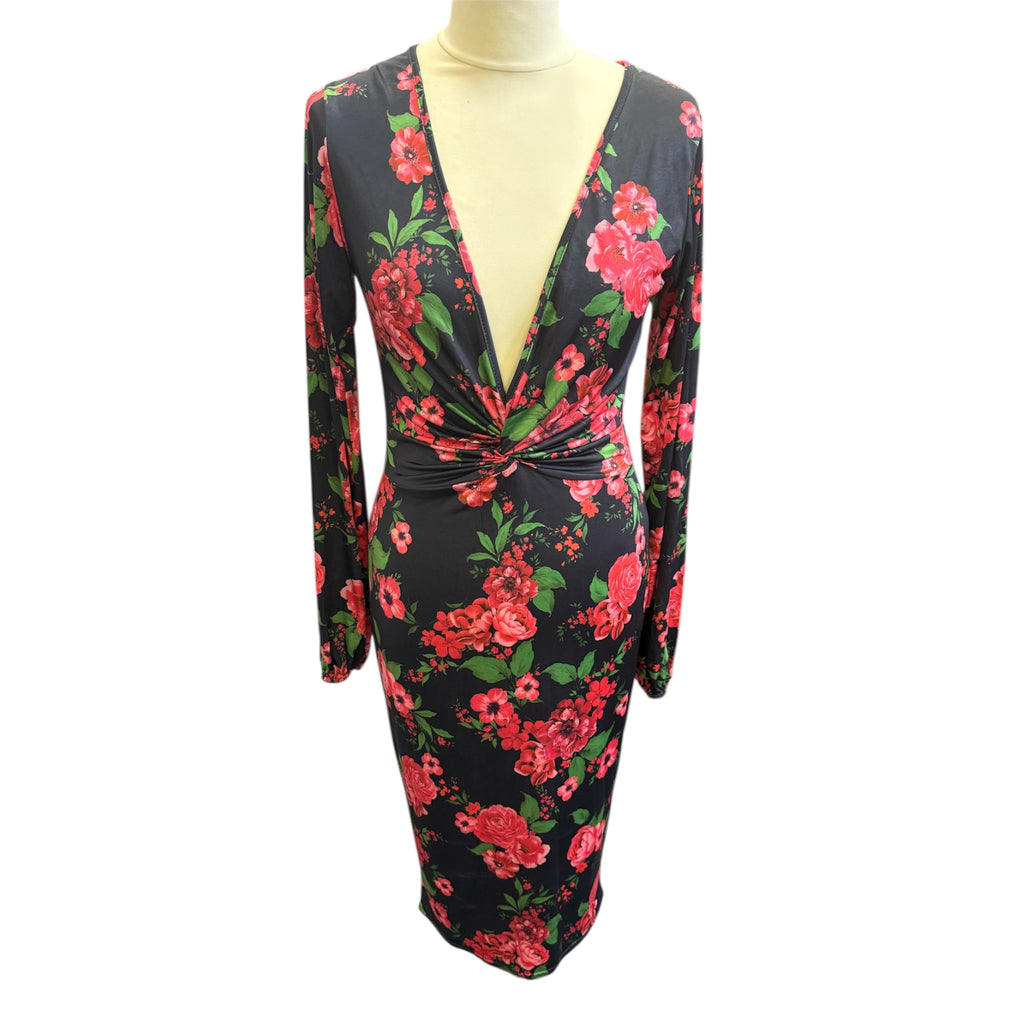 Boohoo rose print midi ruche dress