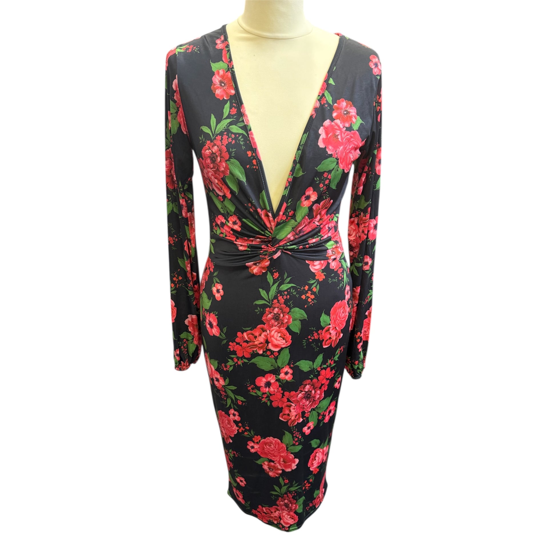 Boohoo rose print midi ruche dress