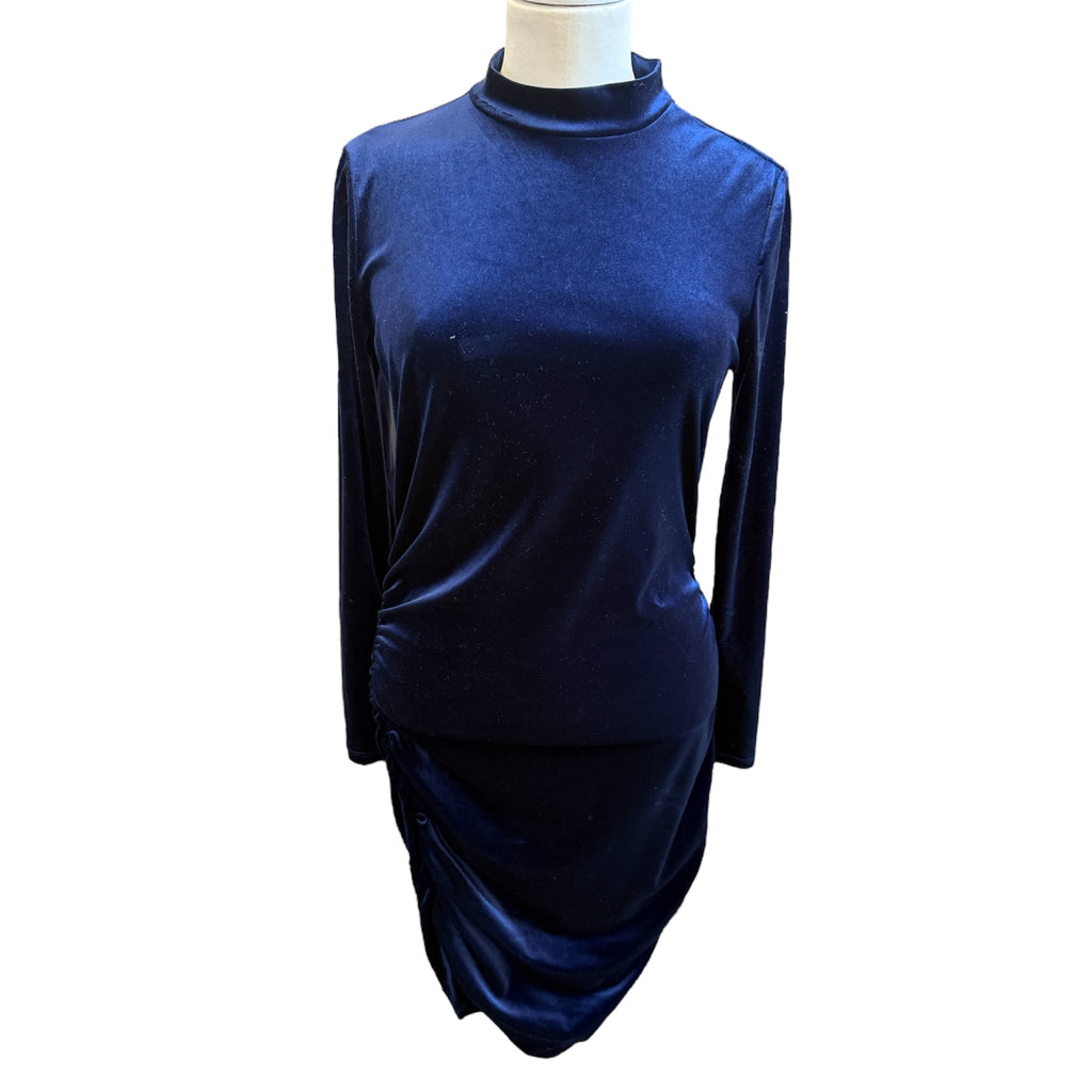 Michelle Keegan navy velor high neck long sleeved dress