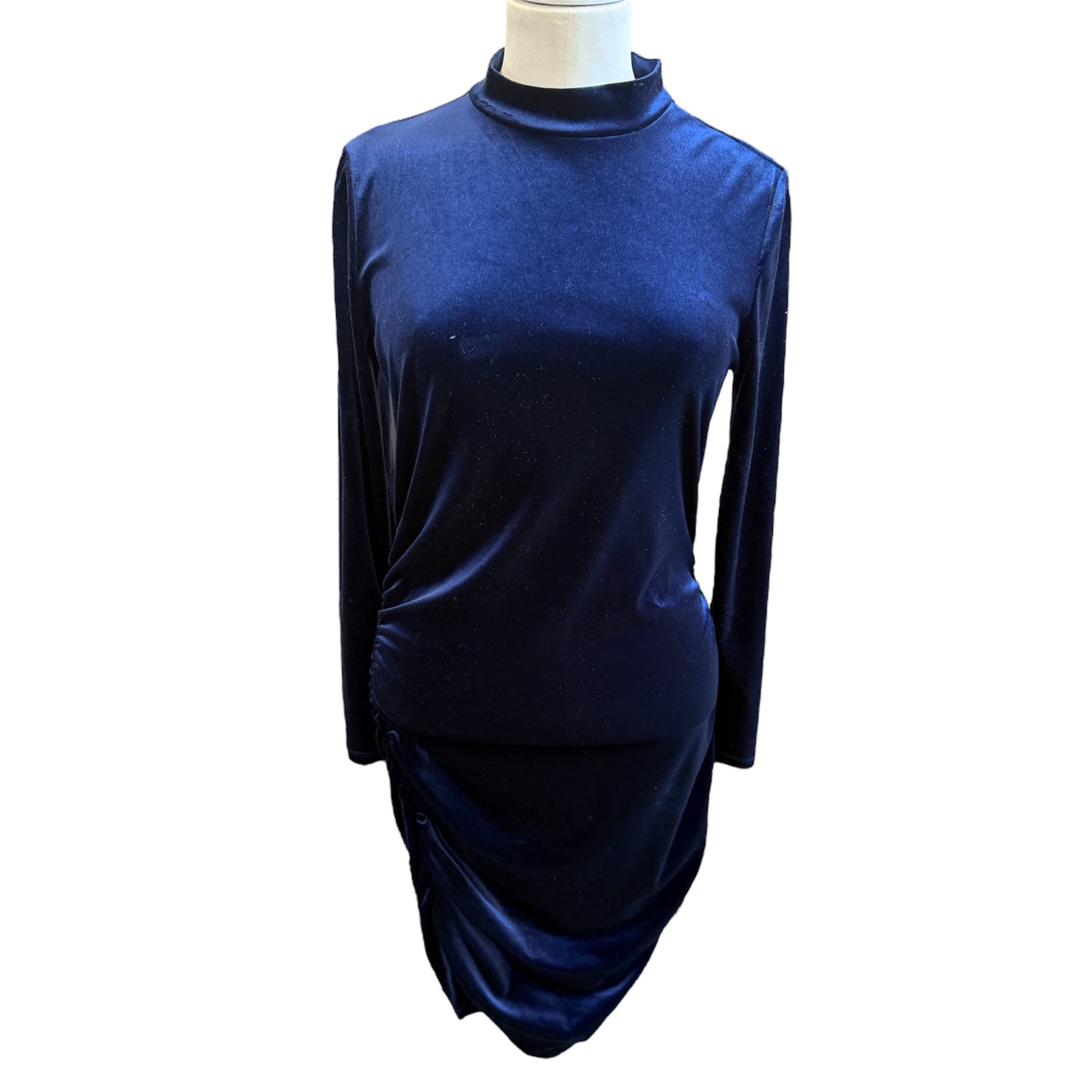 Michelle Keegan navy velor high neck long sleeved dress
