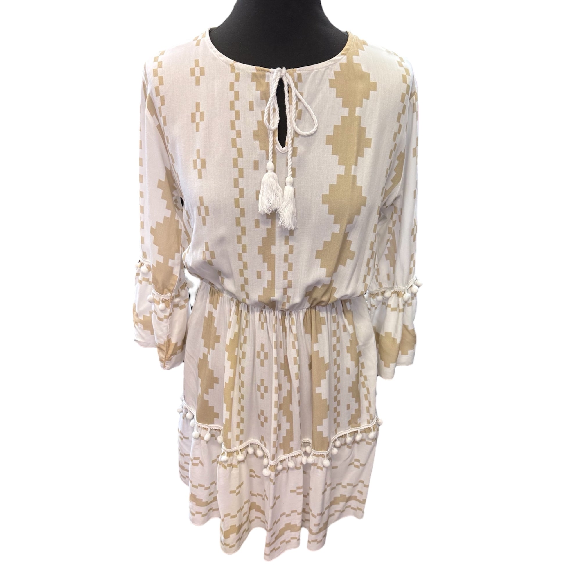 Beige and white pom pom tassel summer dress
