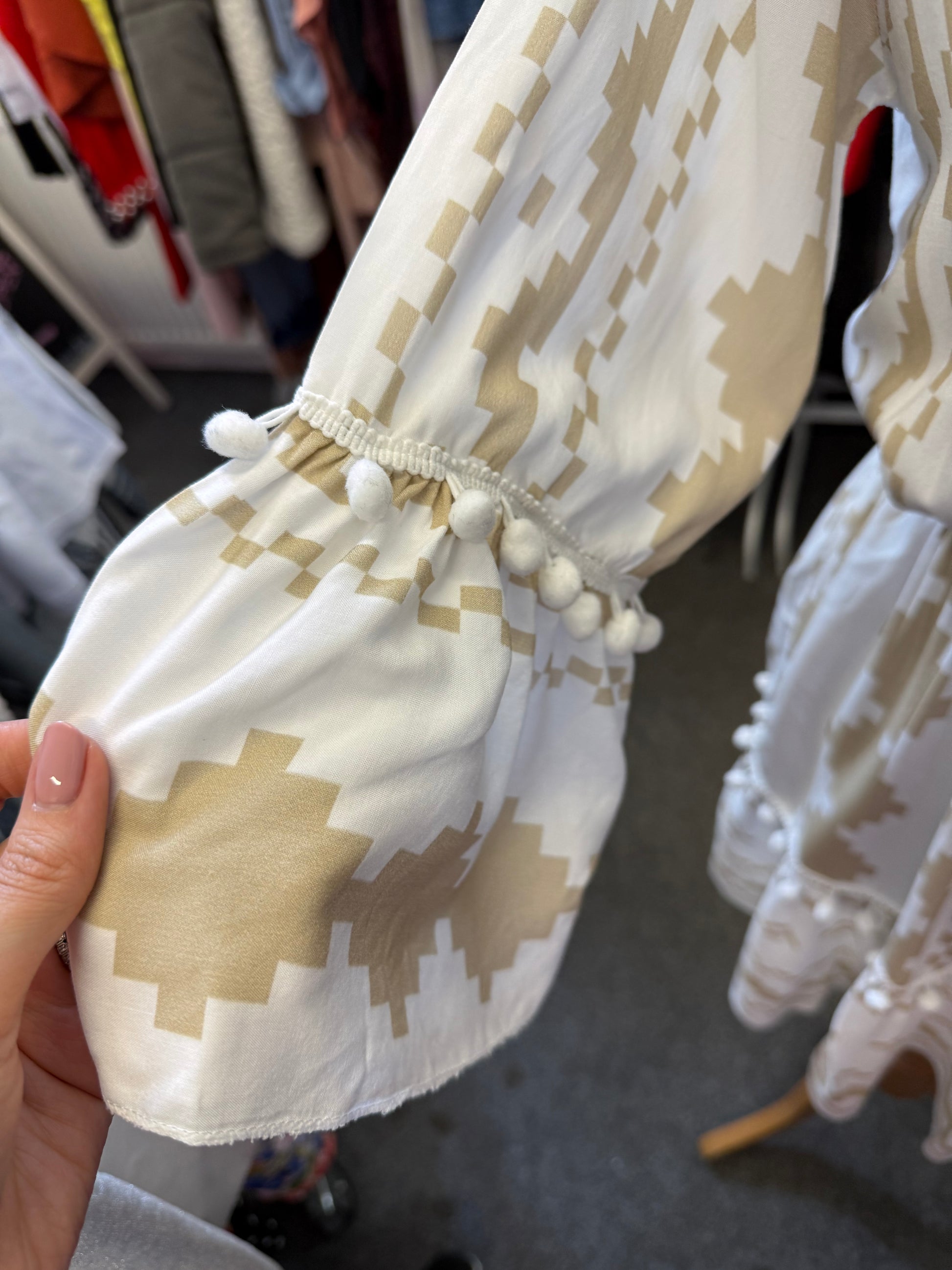 Beige and white pom pom tassel summer dress