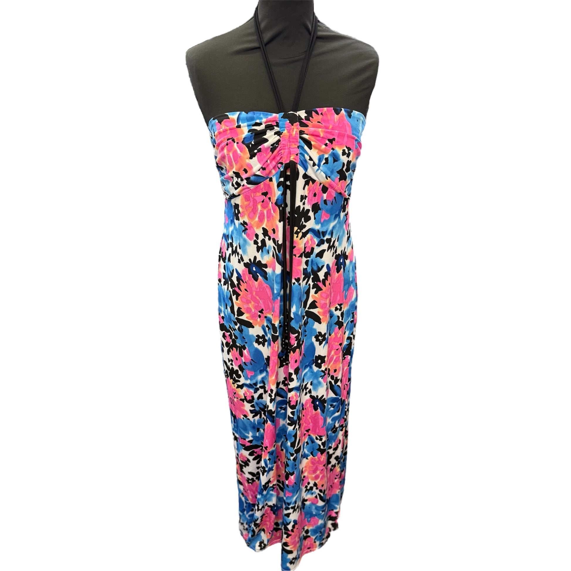 Kaleidoscope blue & pink print halter neck maxi dress
