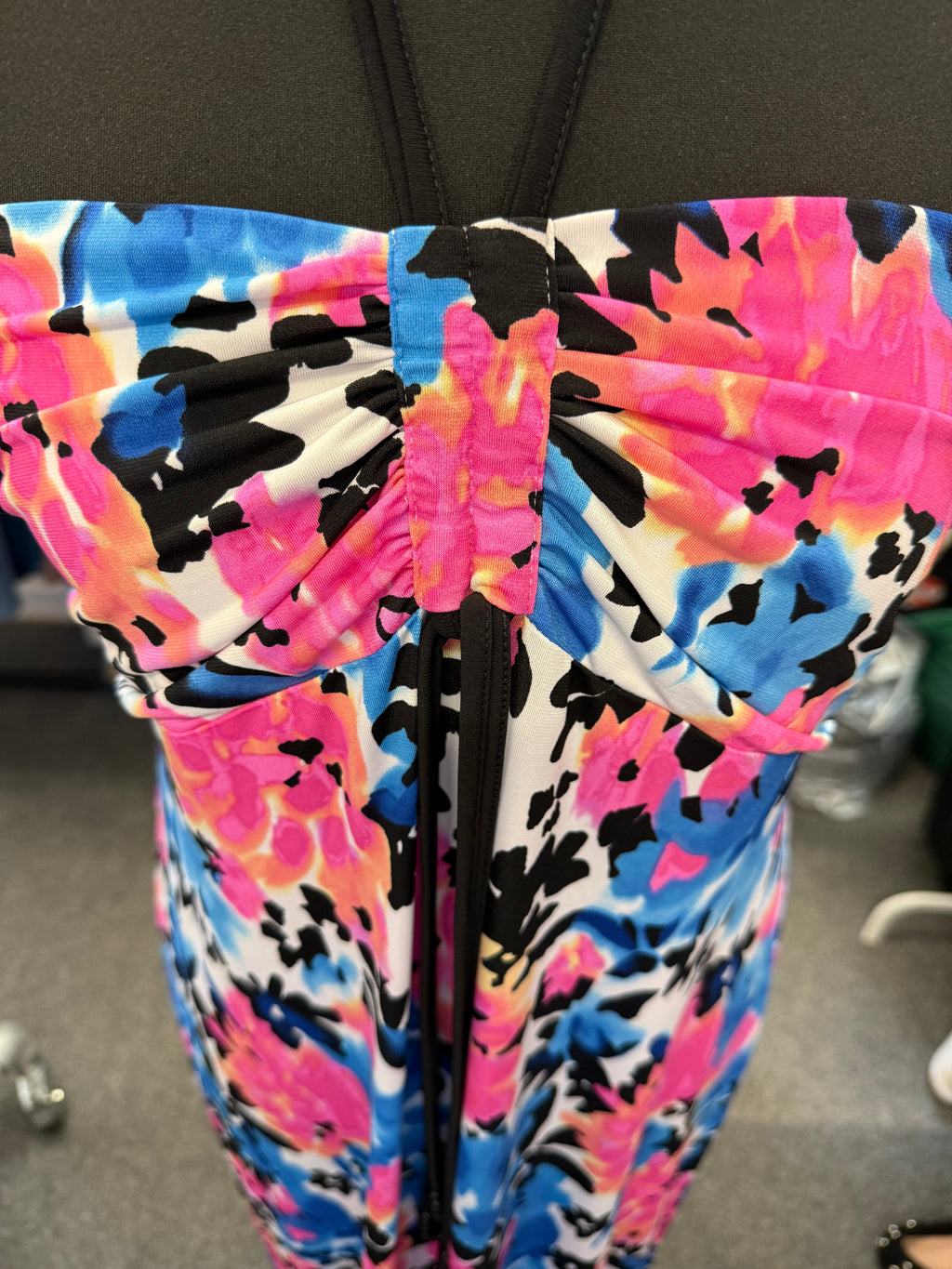 Kaleidoscope blue & pink print halter neck maxi dress