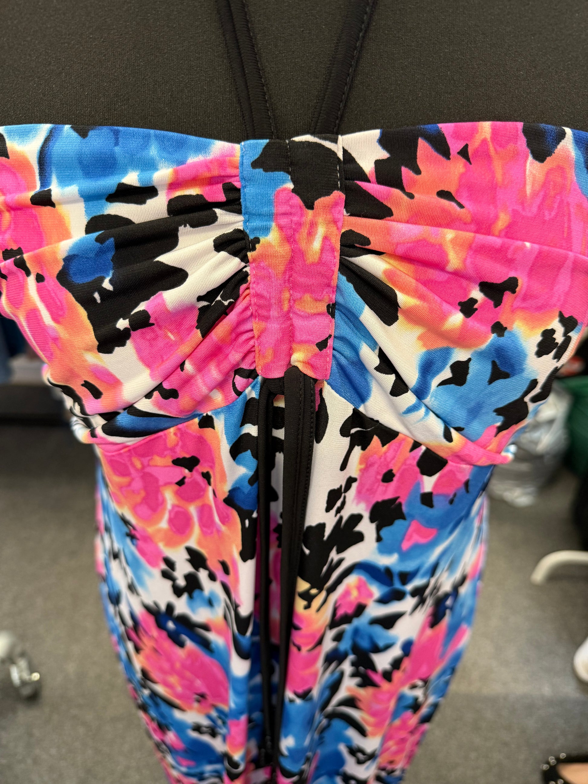 Kaleidoscope blue & pink print halter neck maxi dress