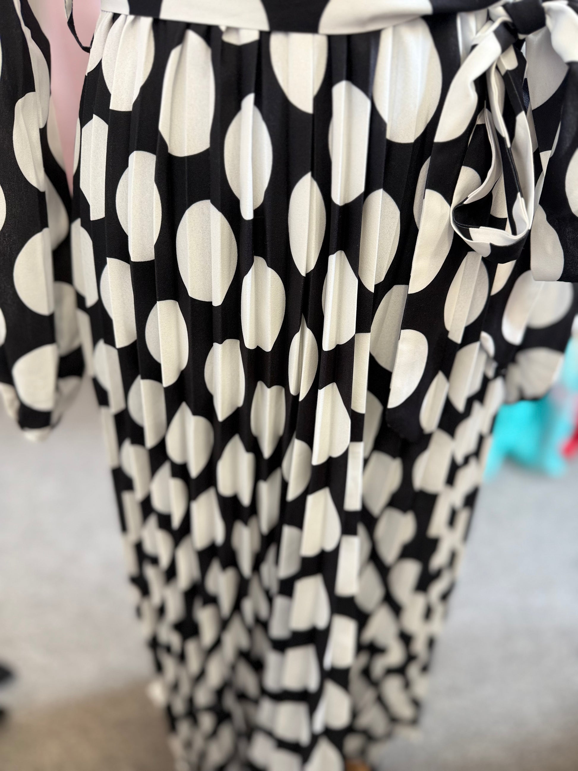 Coast polka dot long sleeved pleated belted midi dress