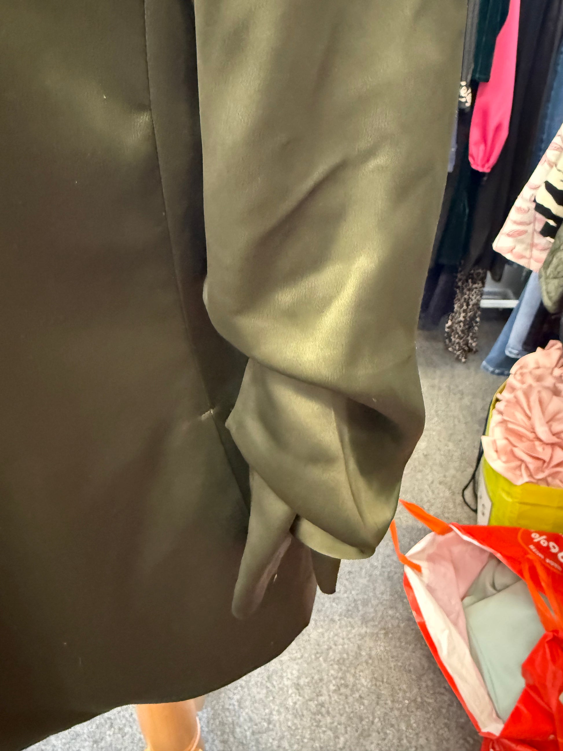H&M khaki ruffle sleeve silk look jacket
