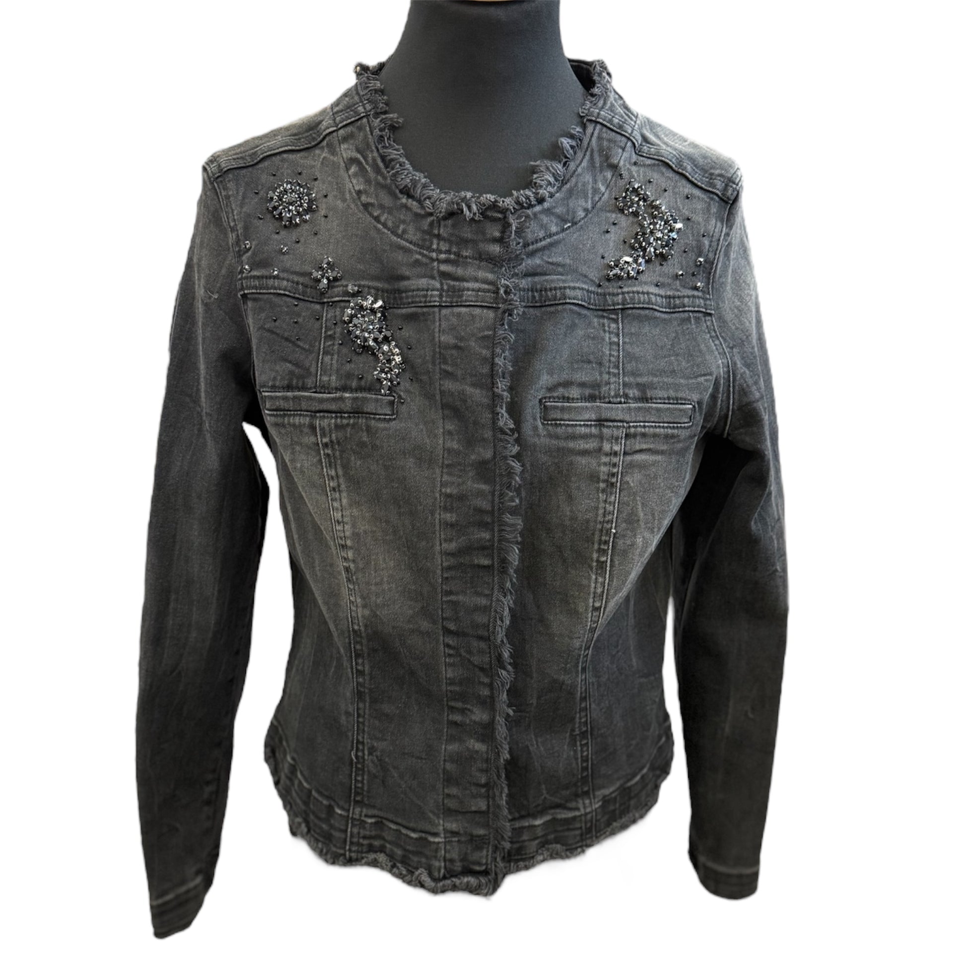 Oltre denim fringed edge collarless jacket