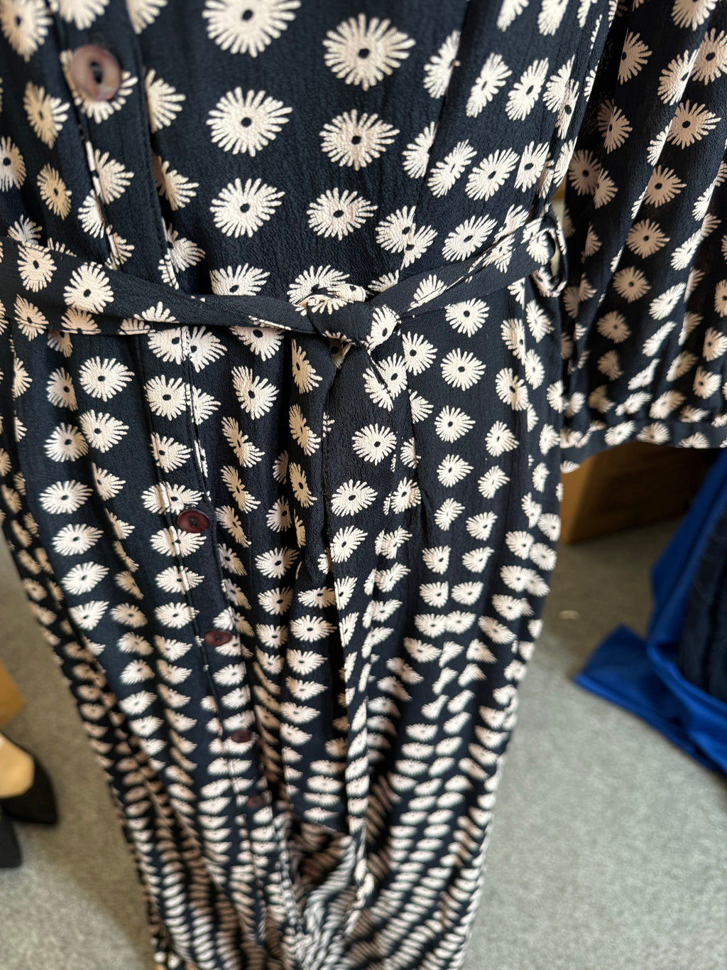 Key 159 abstract floral print buttoned long sleeved belted maxi dress