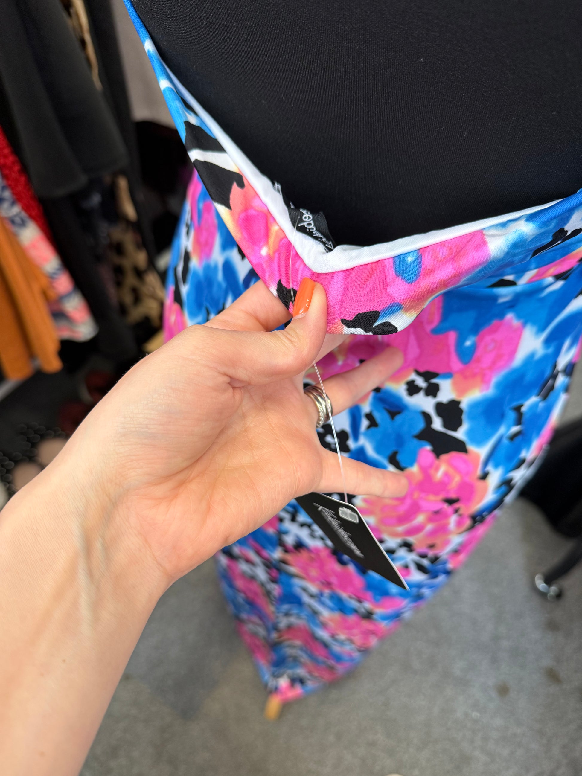 Kaleidoscope blue & pink print halter neck maxi dress
