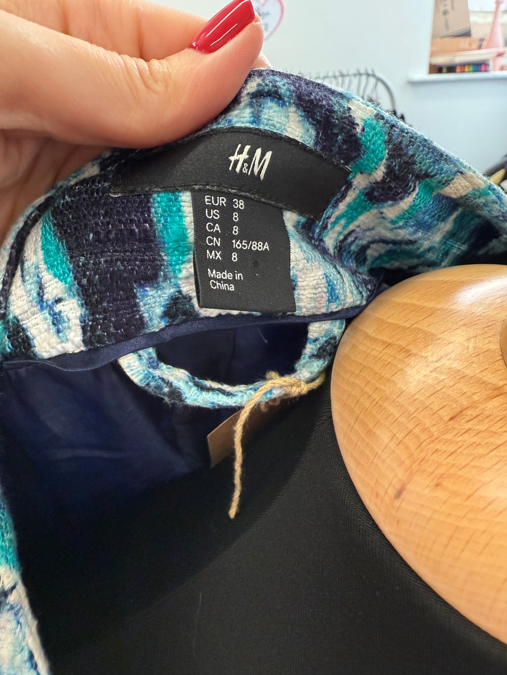 H&M blue jacquard collarless jacket
