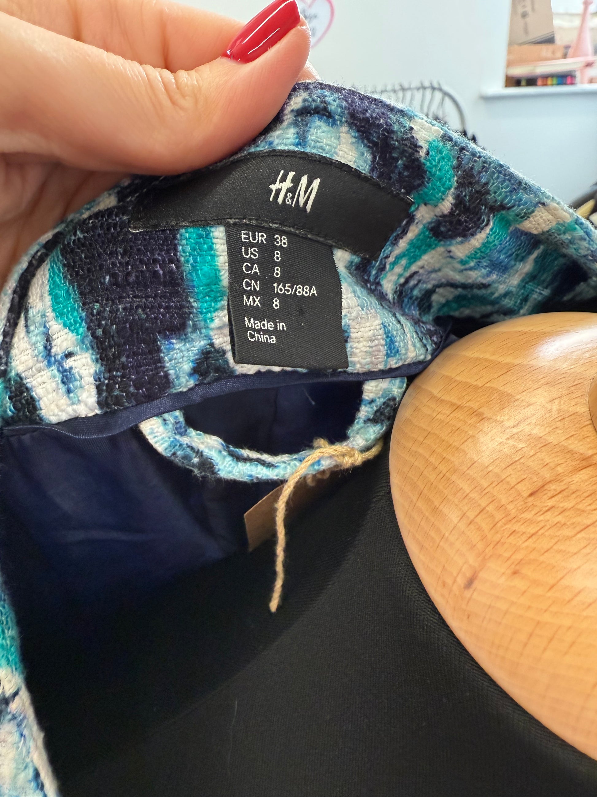 H&M blue jacquard collarless jacket