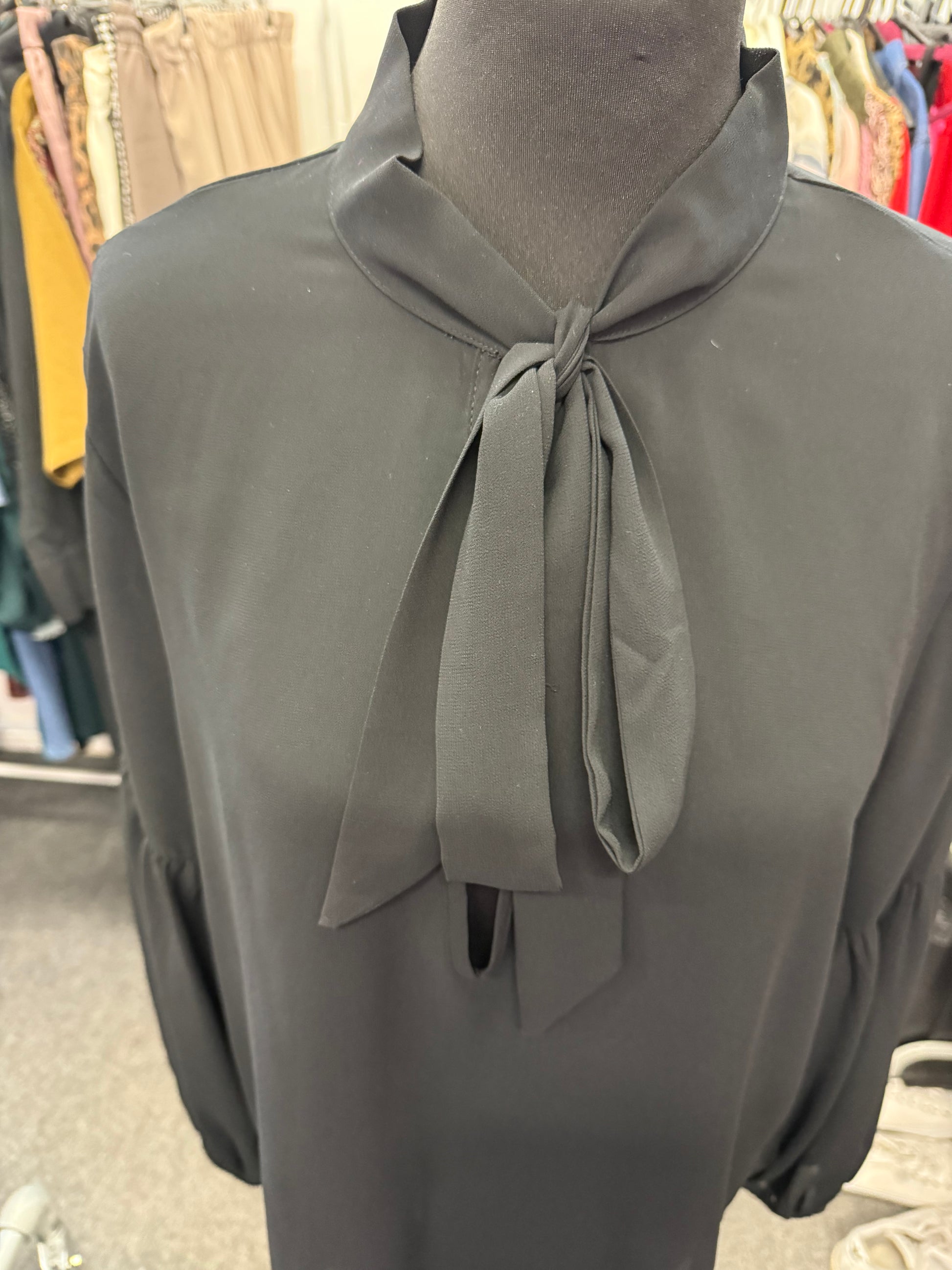 Boohoo black sheer long sleeved pussy bow blouse