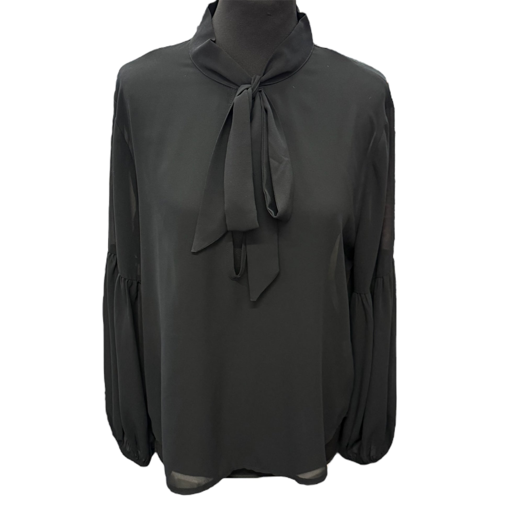 Boohoo black sheer long sleeved pussy bow blouse