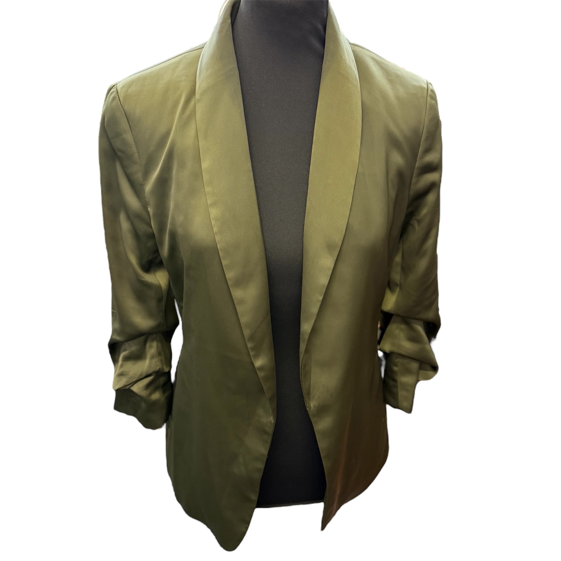 H&M khaki ruffle sleeve silk look jacket