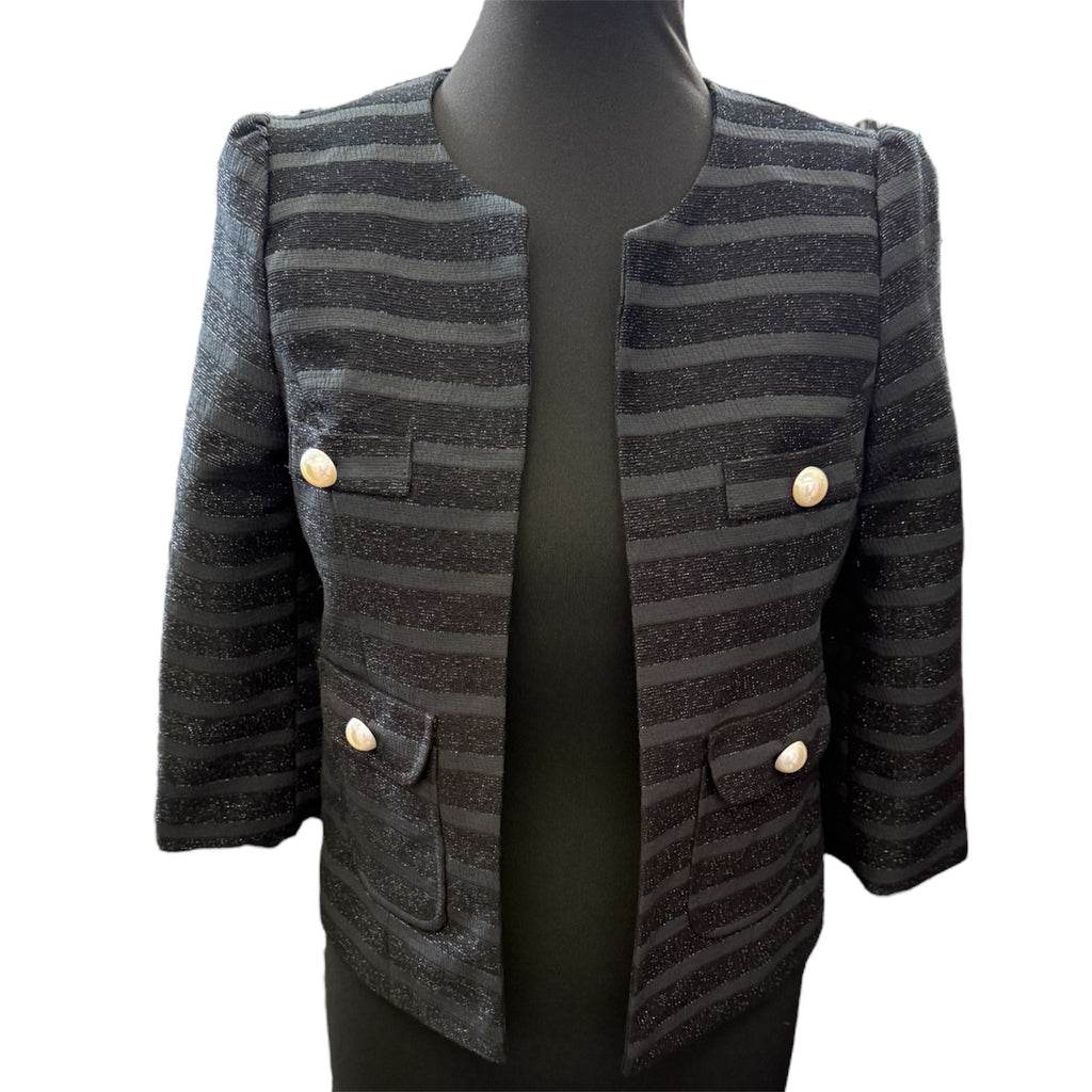 Very black glitter collarless button 3/4 sleeve jacket