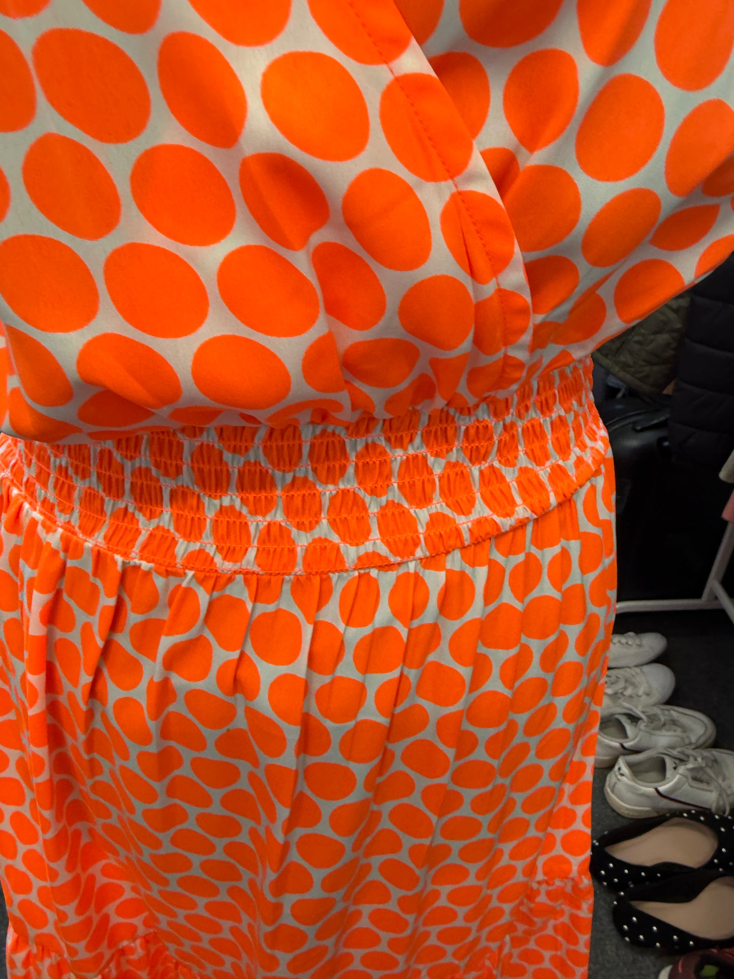 Very bright polka dot pouffe sleeve maxi dress