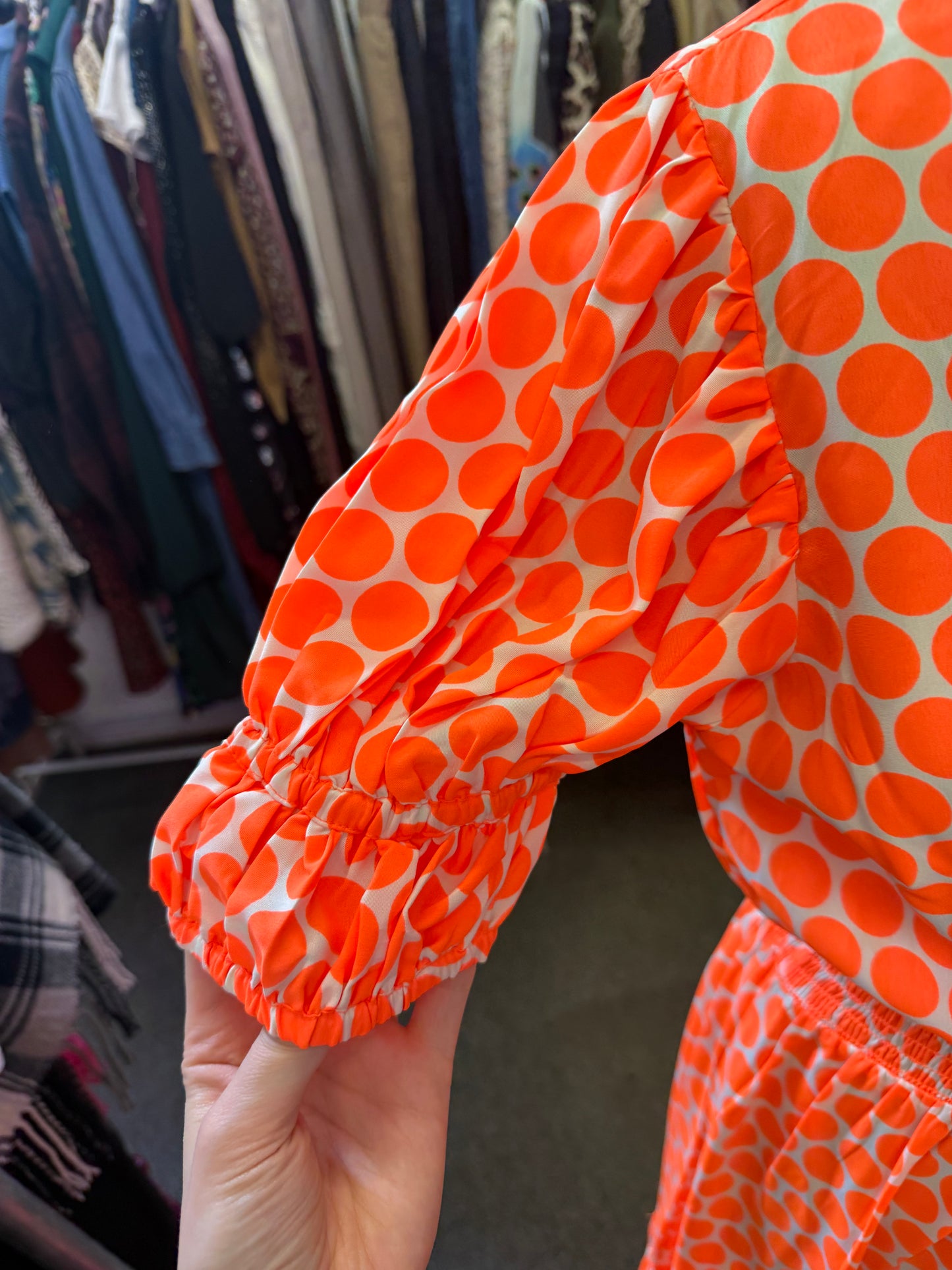Very bright polka dot pouffe sleeve maxi dress