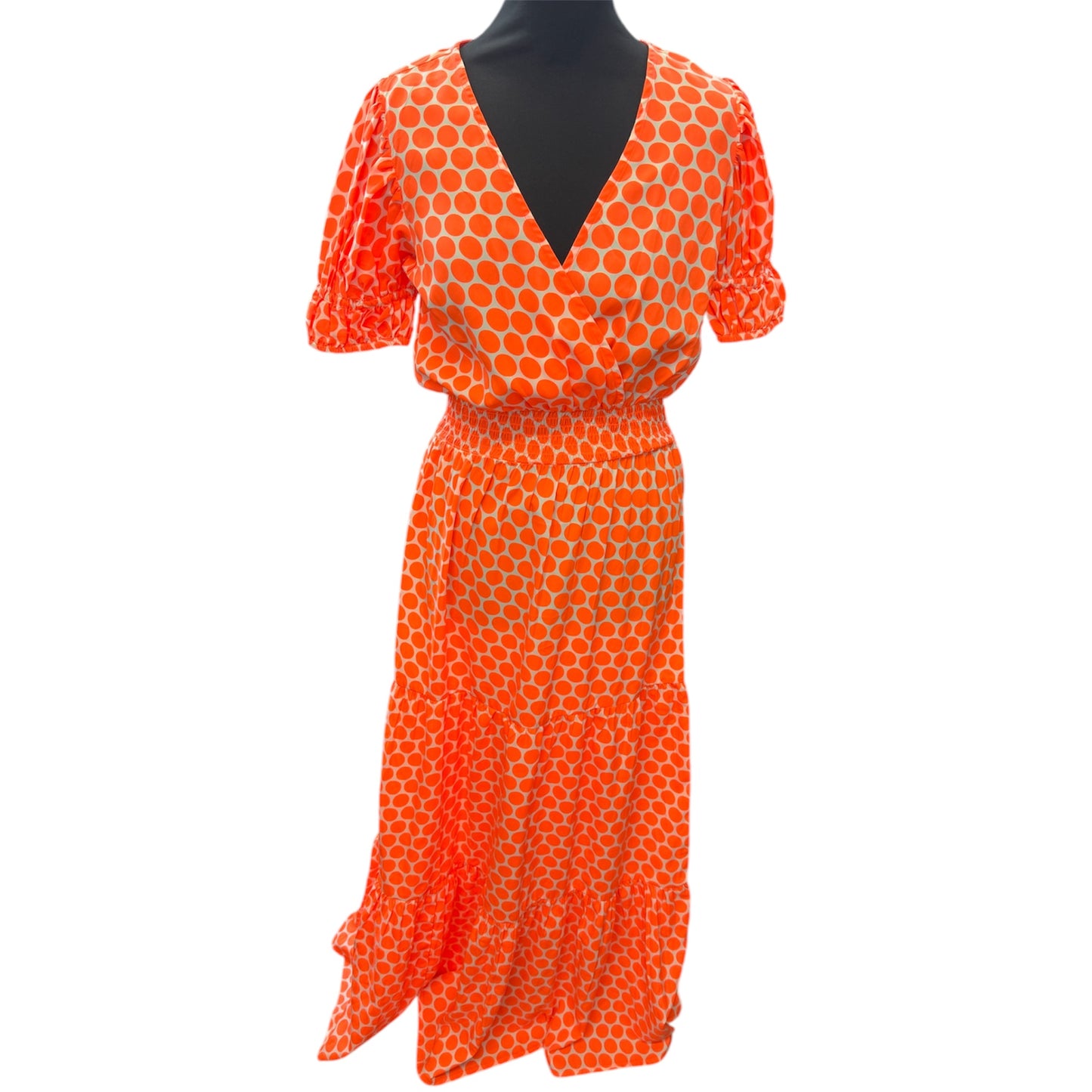 Very bright polka dot pouffe sleeve maxi dress