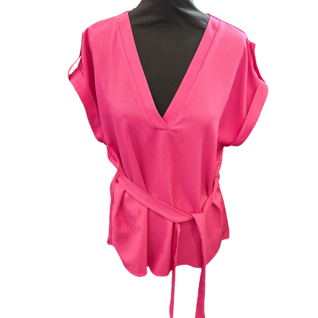 Pink tie waist v-neck button sleeve top