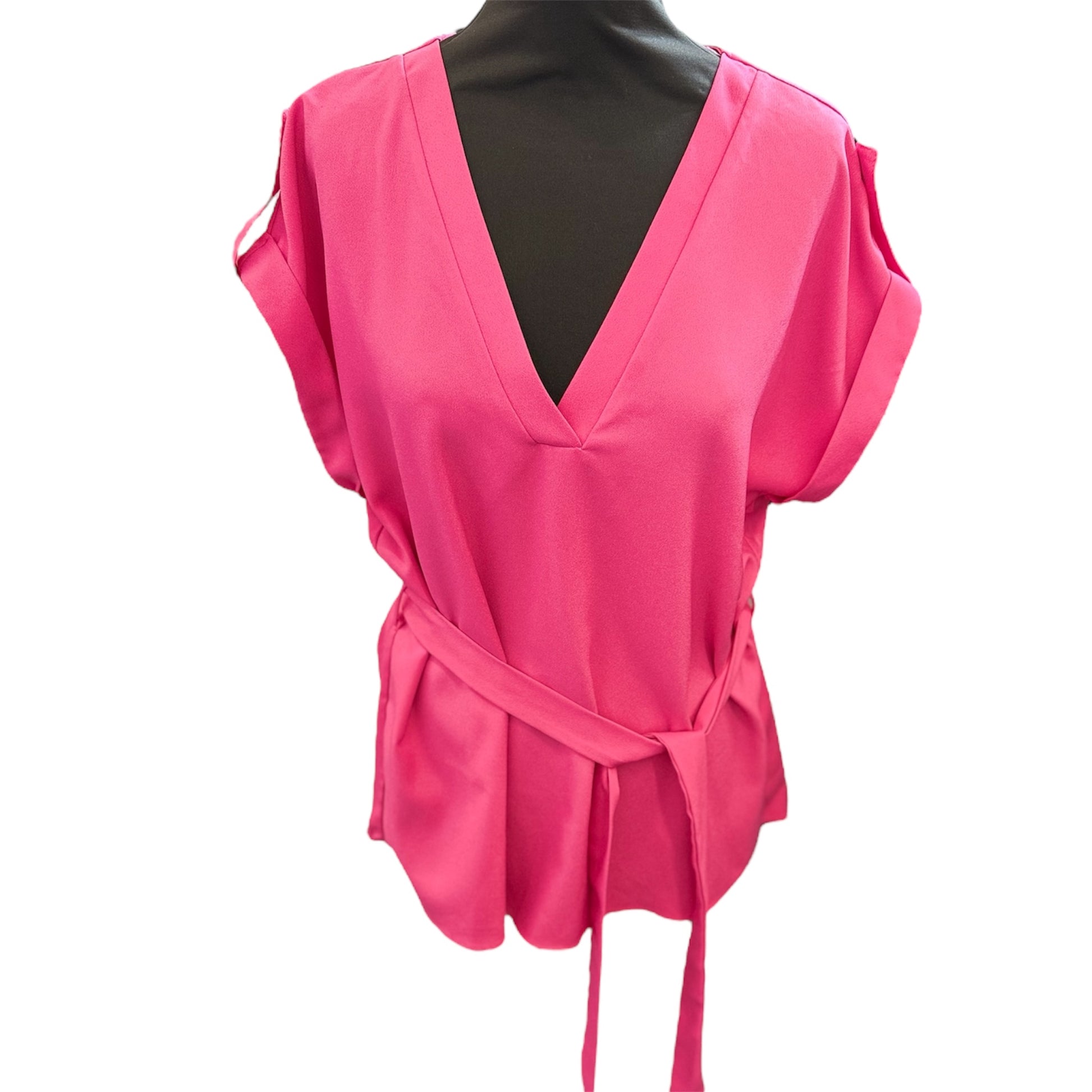 Pink tie waist v-neck button sleeve top