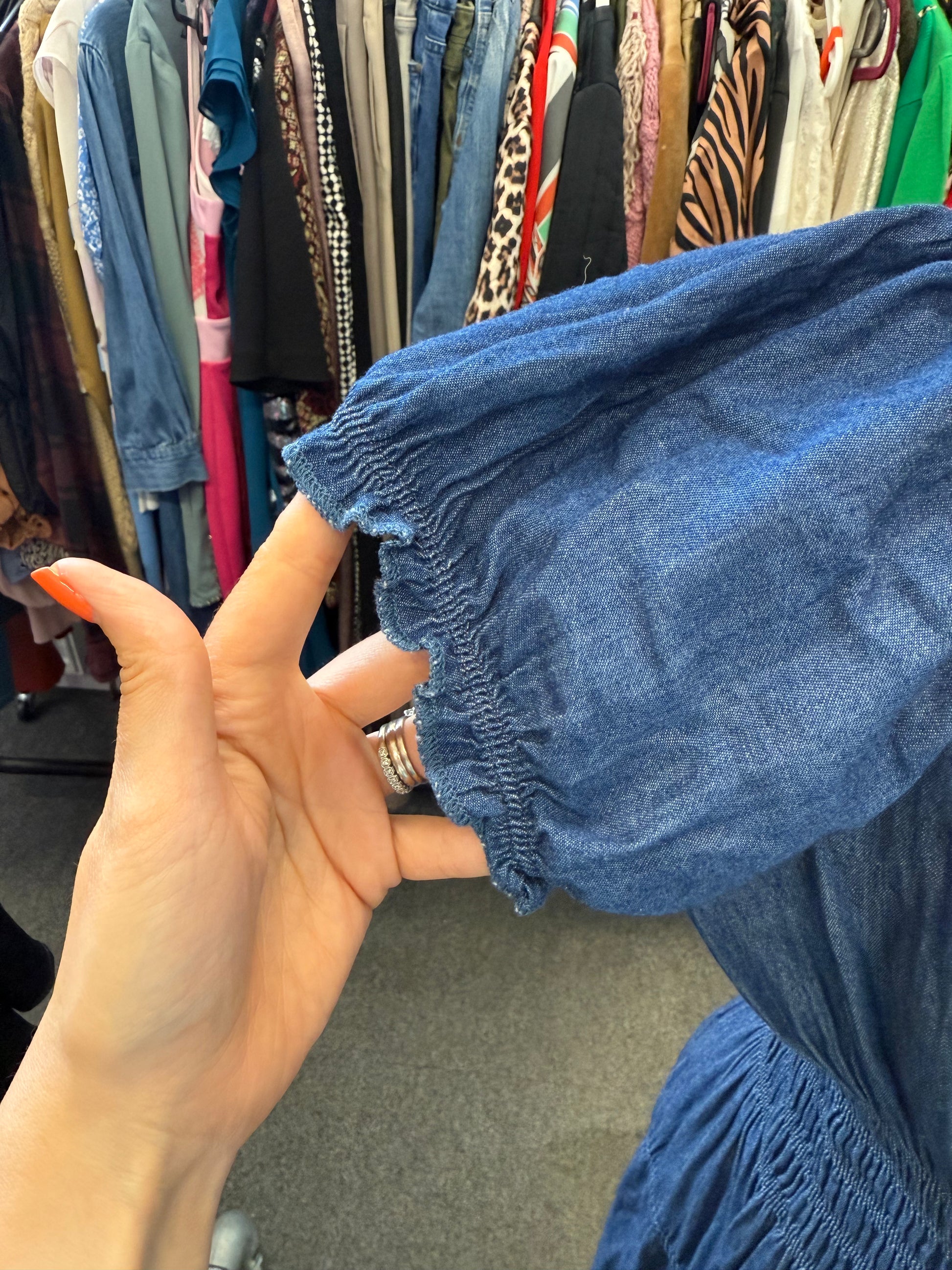 Jin Hao pouffe sleeve tiered denim midi dress