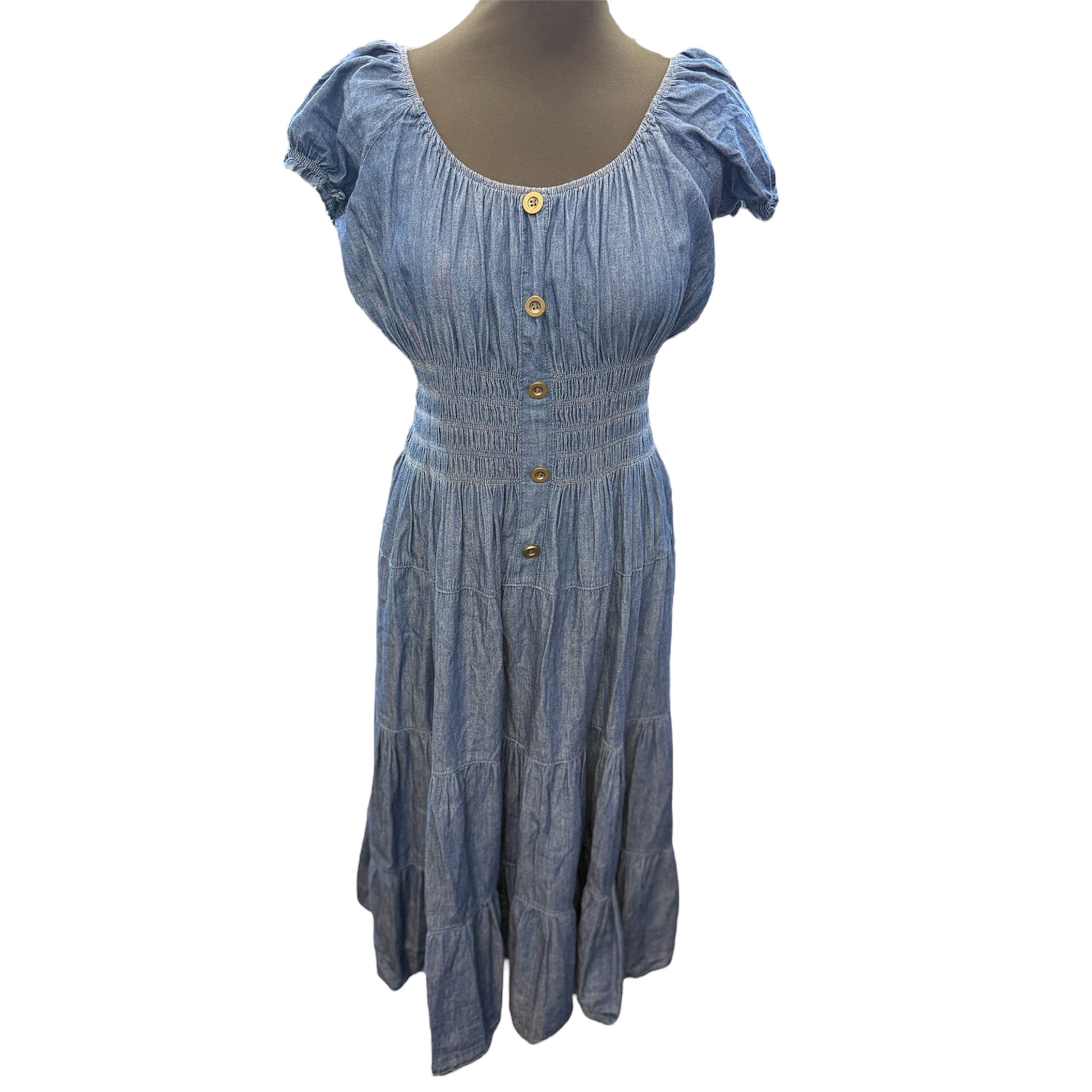 Jin Hao pouffe sleeve tiered denim midi dress