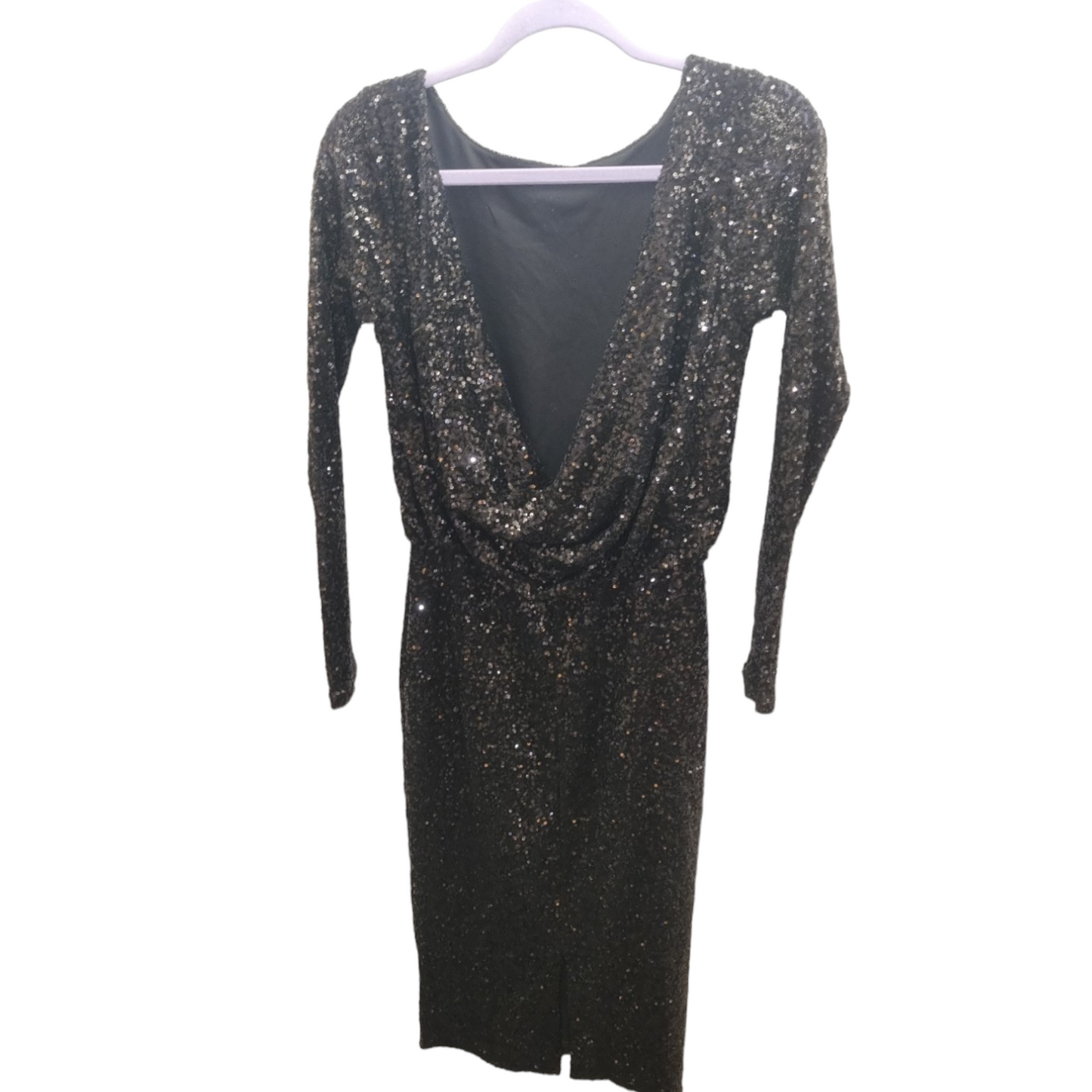 Black Sequin Scoop Back Long Sleeved Dress