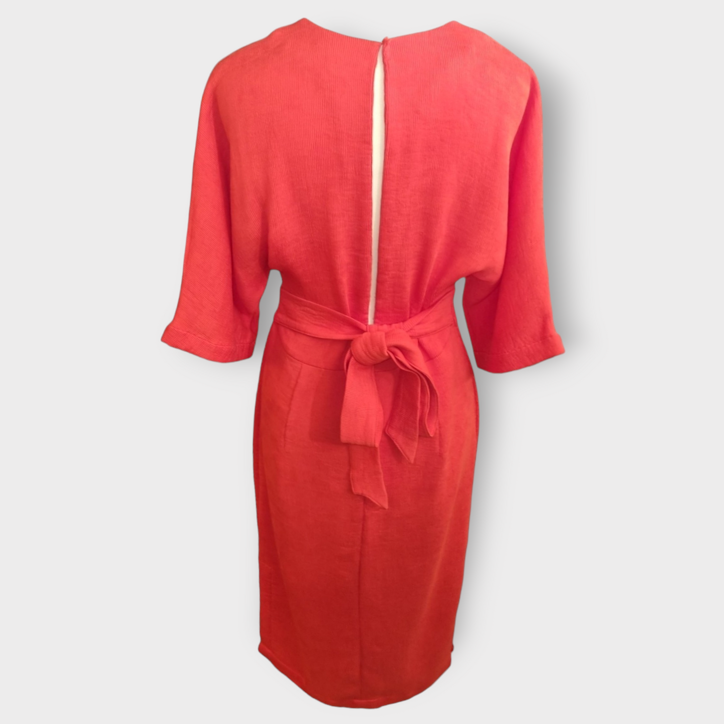 Red wide sleeve belted midi dress