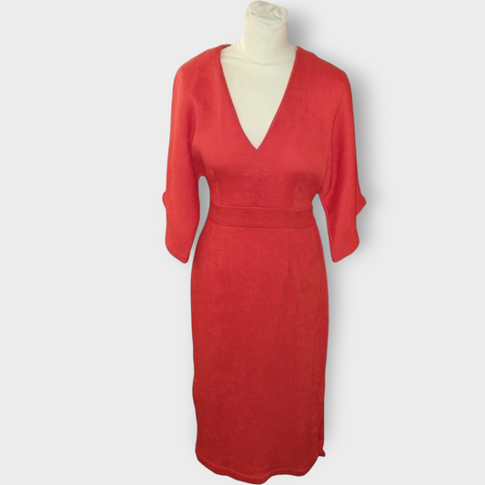 Red wide sleeve belted midi dress