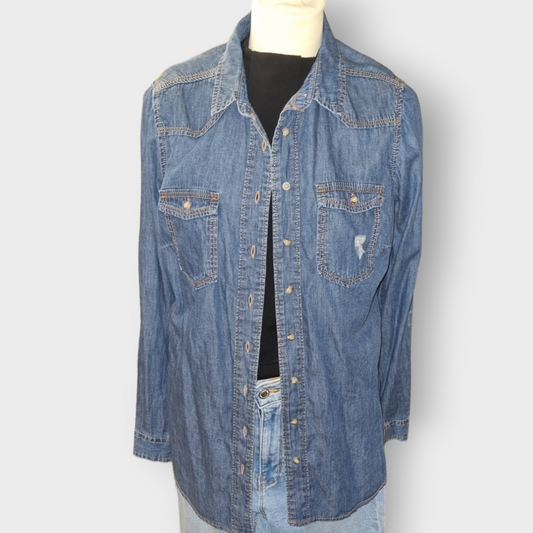 Denim long sleeved shirt with rip pocket detail