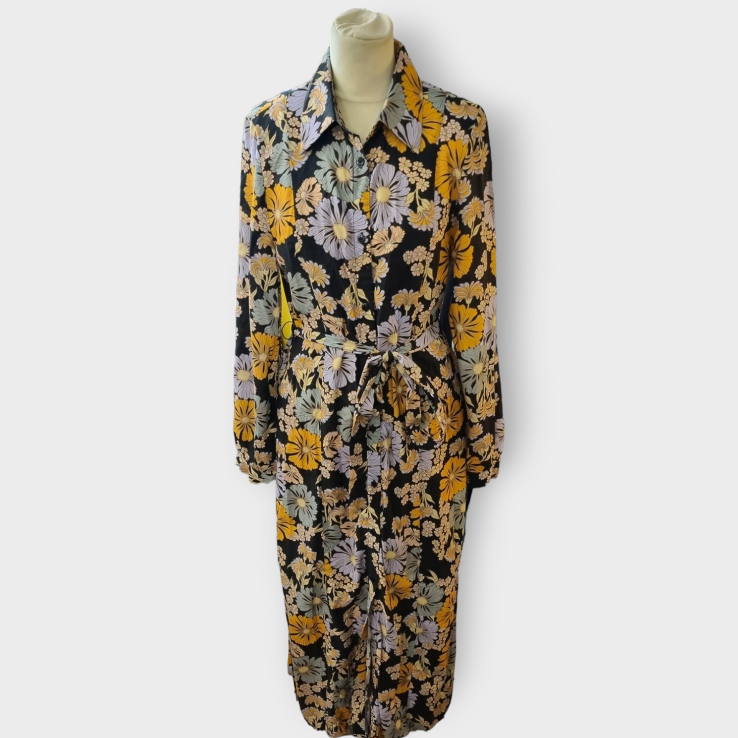 Monki floral long sleeved belted collared maxi dress