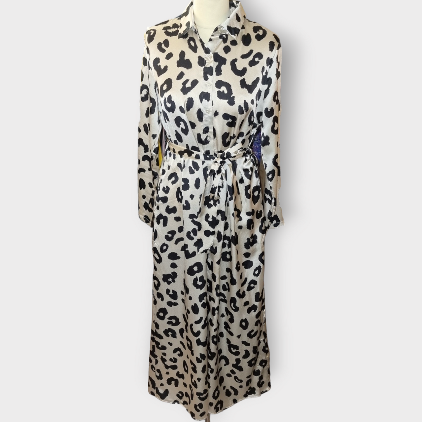 Animal print long sleeved belted shirt dress