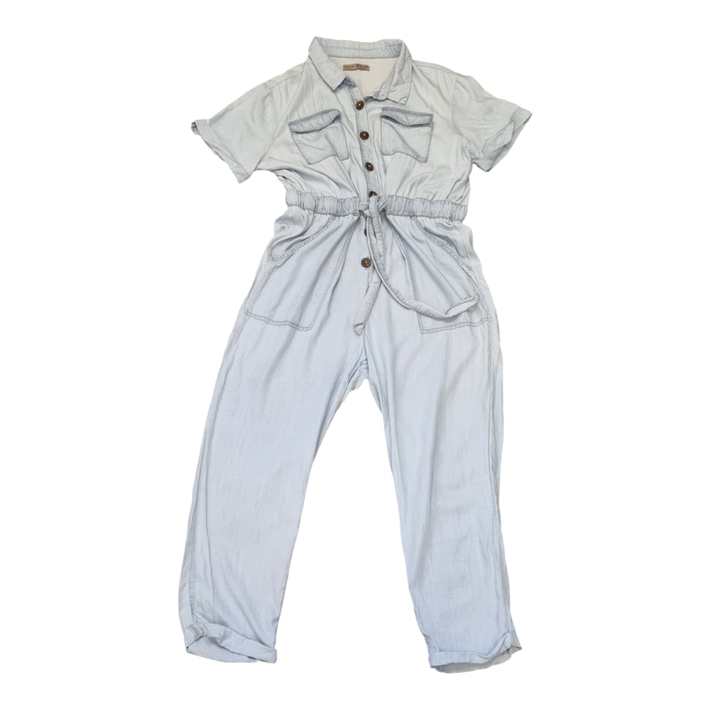 Denim look short sleeved jumpsuit with matching belt