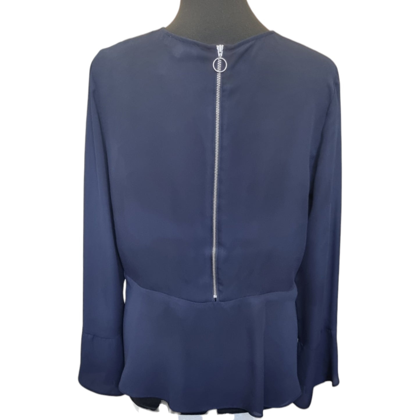 Warehouse navy bell sleeve zip fastening peplum blouse