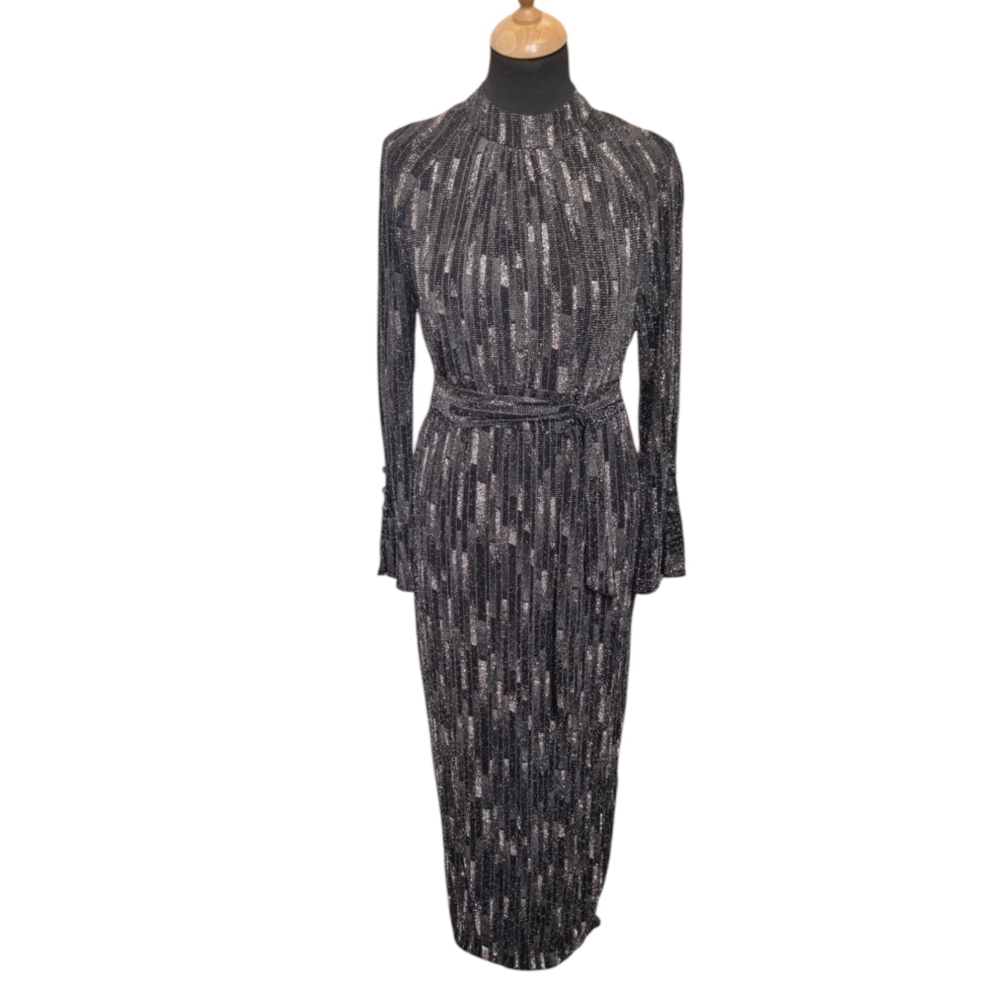 Principles high necked long bell sleeved tie sparkly maxi dress