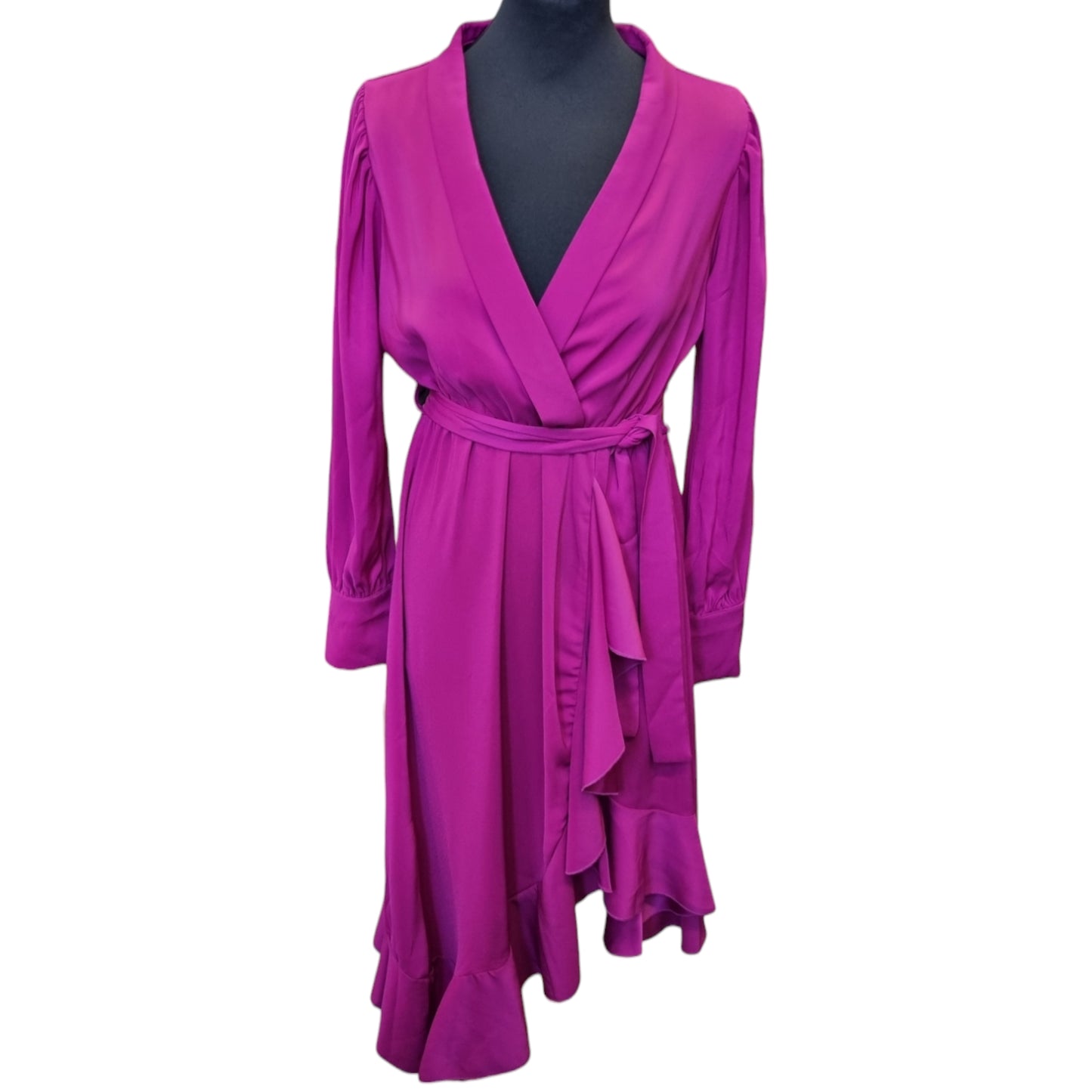 Chique fuschia wrap style long sleeved tie midi dress