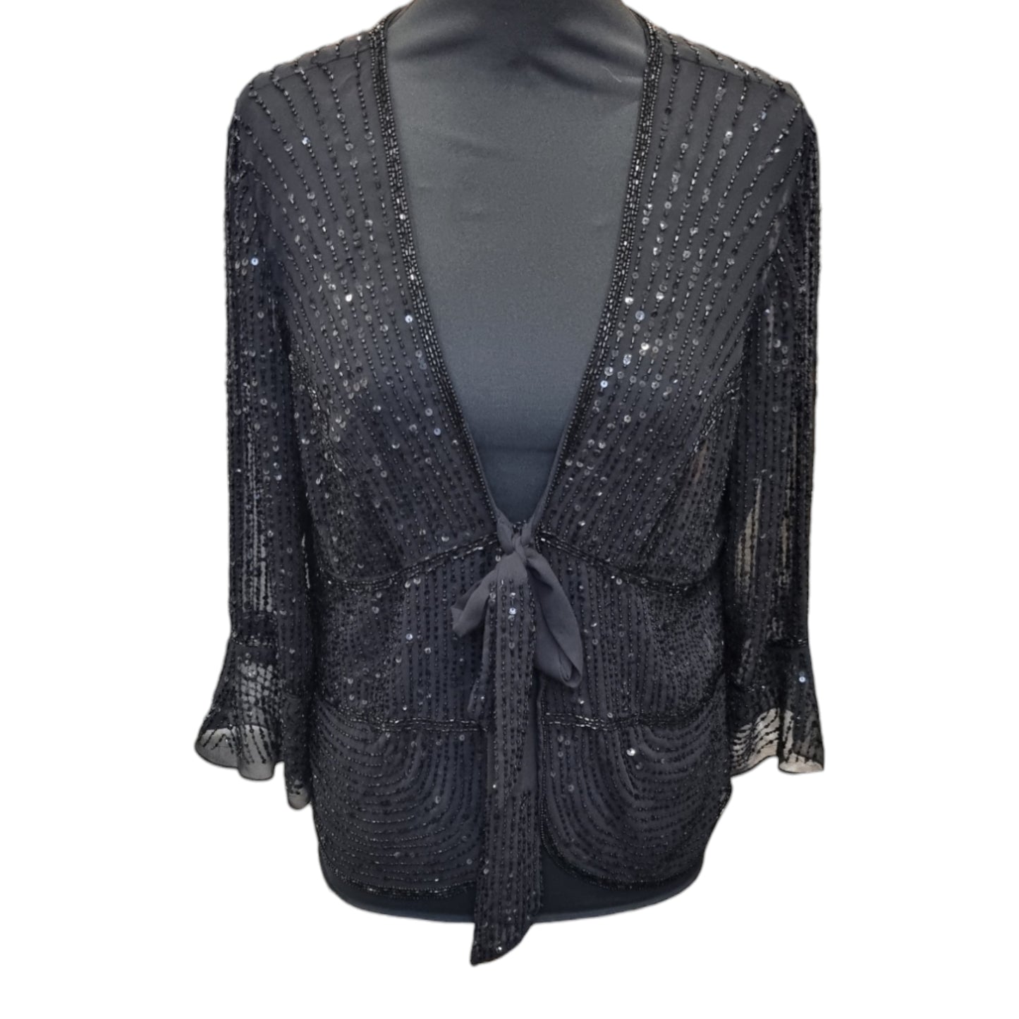 Black sequin tie front long sleeved top