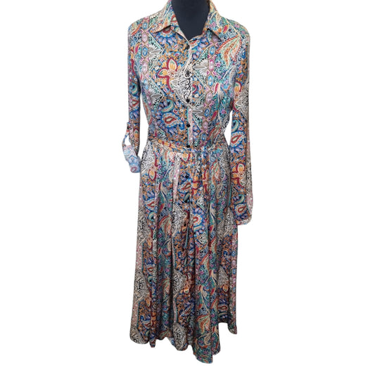 Love Sunshine multicolour paisley print collared long sleeve tie midi dress