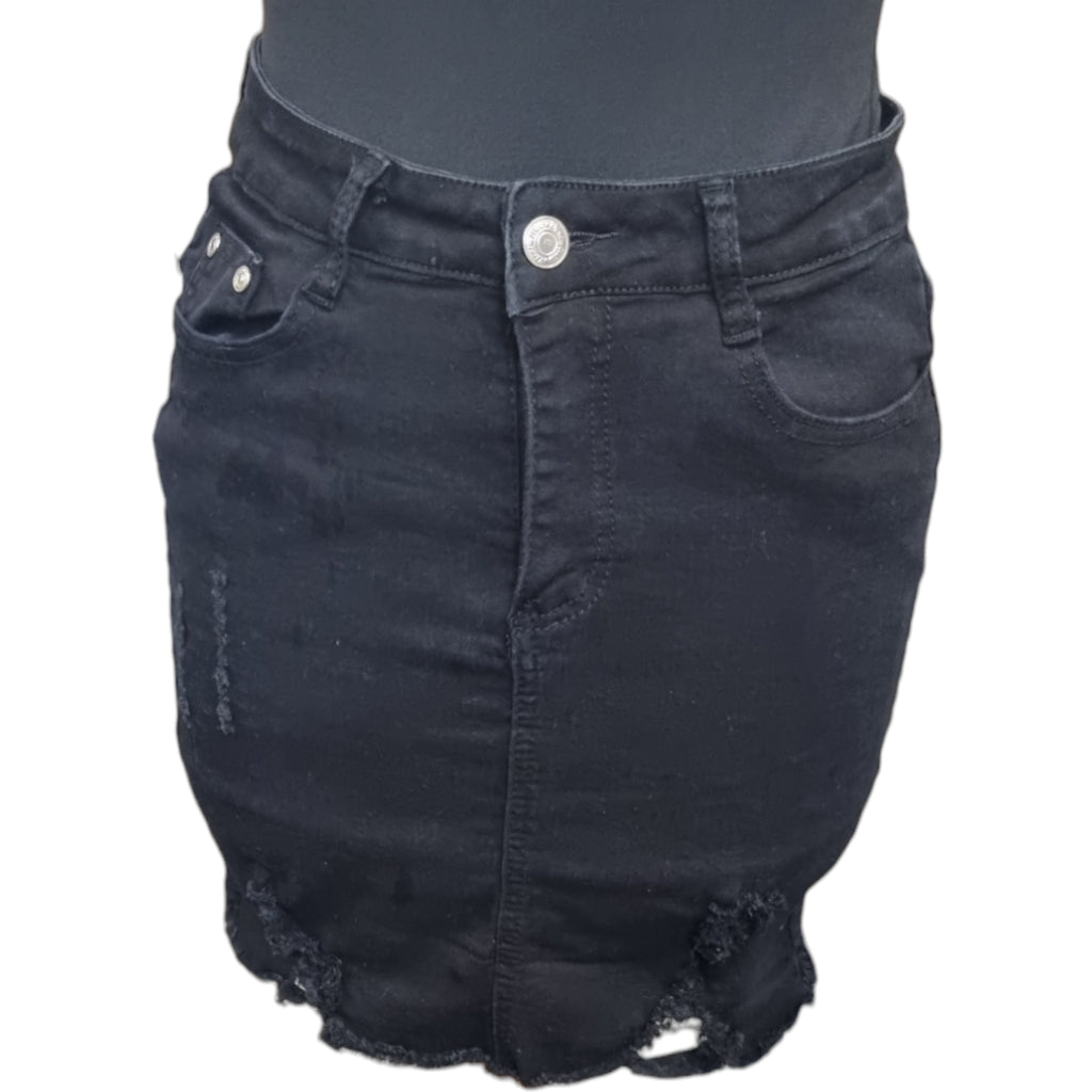 Black worn look denim mini skirt
