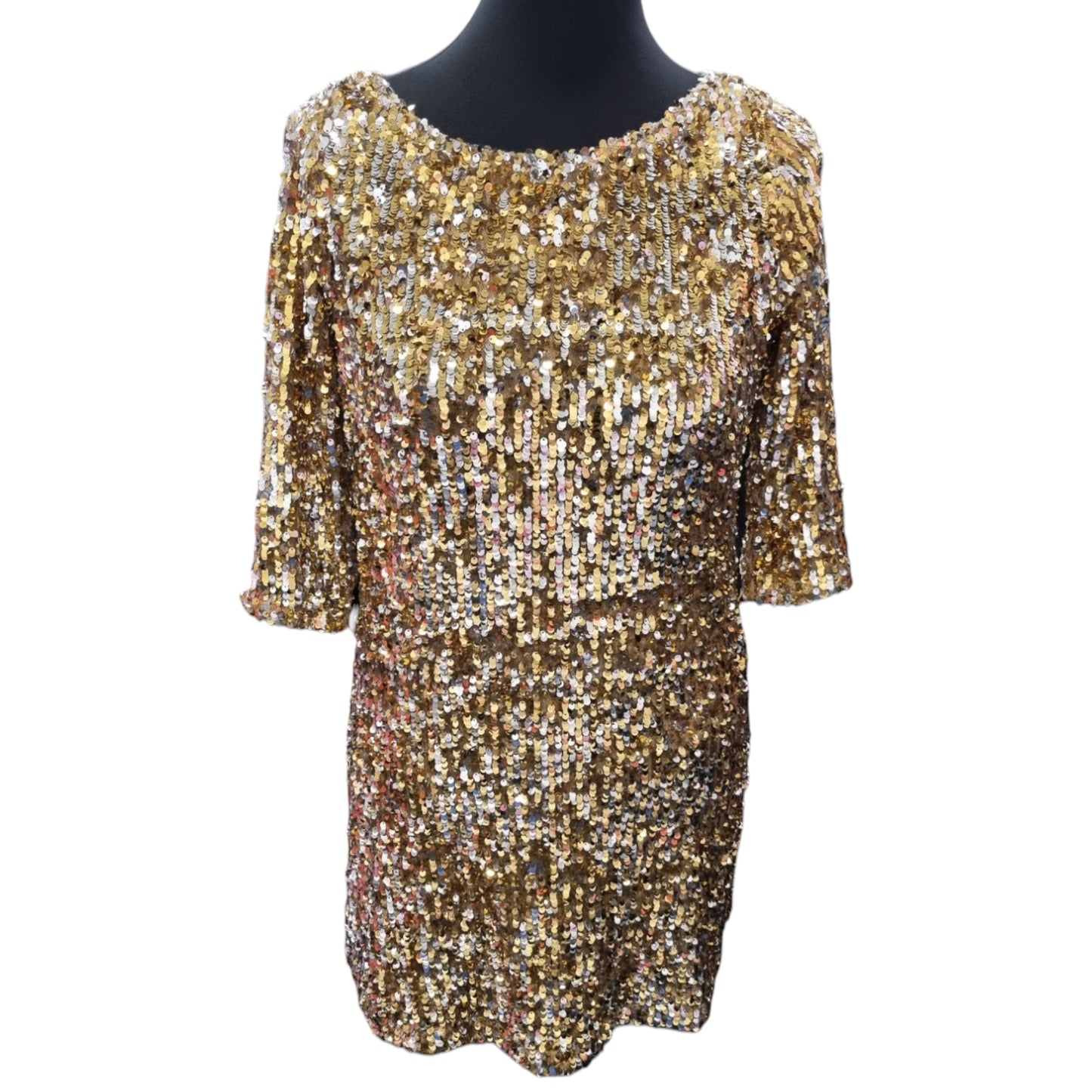 Gold sequin sleeved open back mini dress