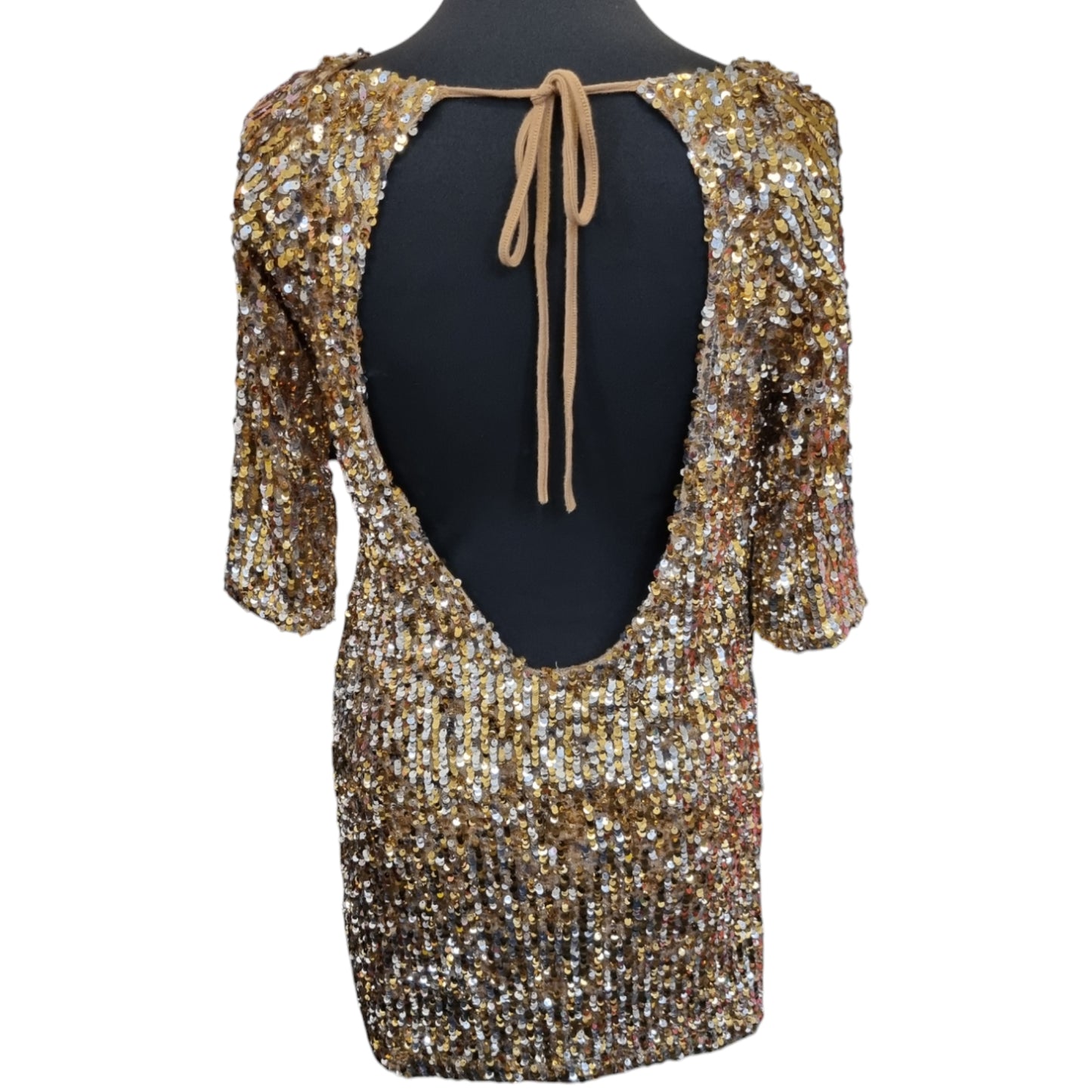 Gold sequin sleeved open back mini dress