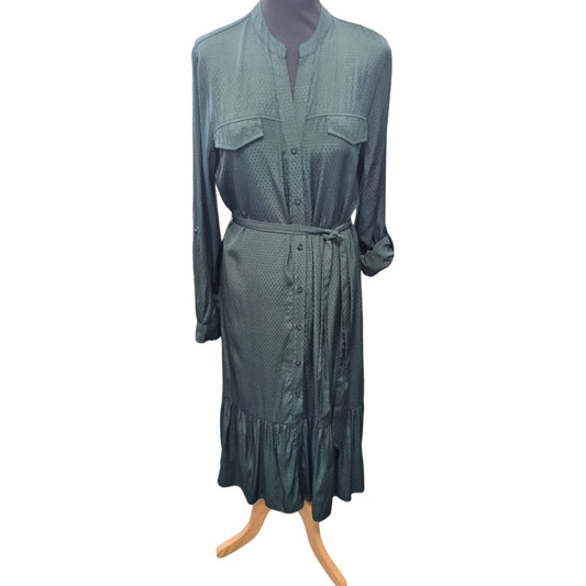 Principles dark green buttoned long sleeved belted spot midi dress